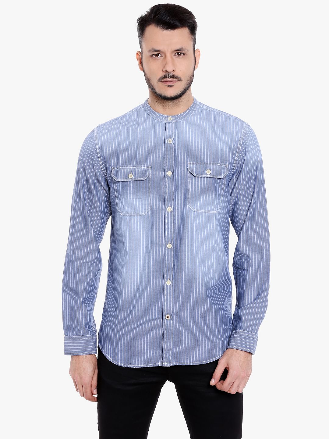 Blue Mandarin Collar Striped Linen Shirt - S