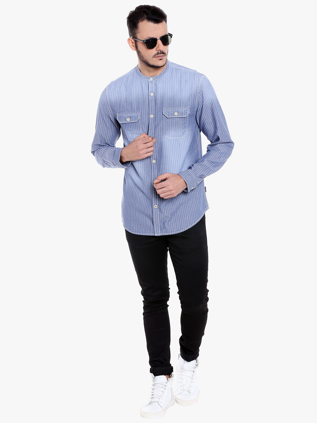 Blue Mandarin Collar Striped Linen Shirt
