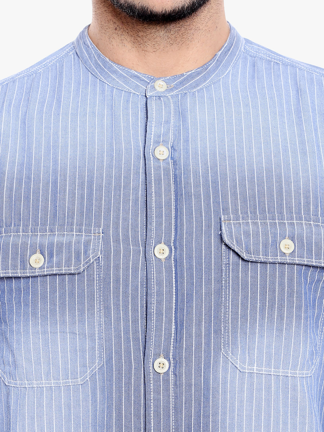 Blue Mandarin Collar Striped Linen Shirt
