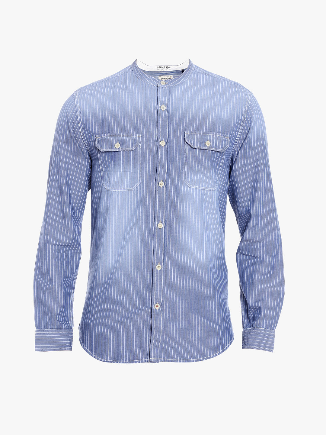 Blue Mandarin Collar Striped Linen Shirt
