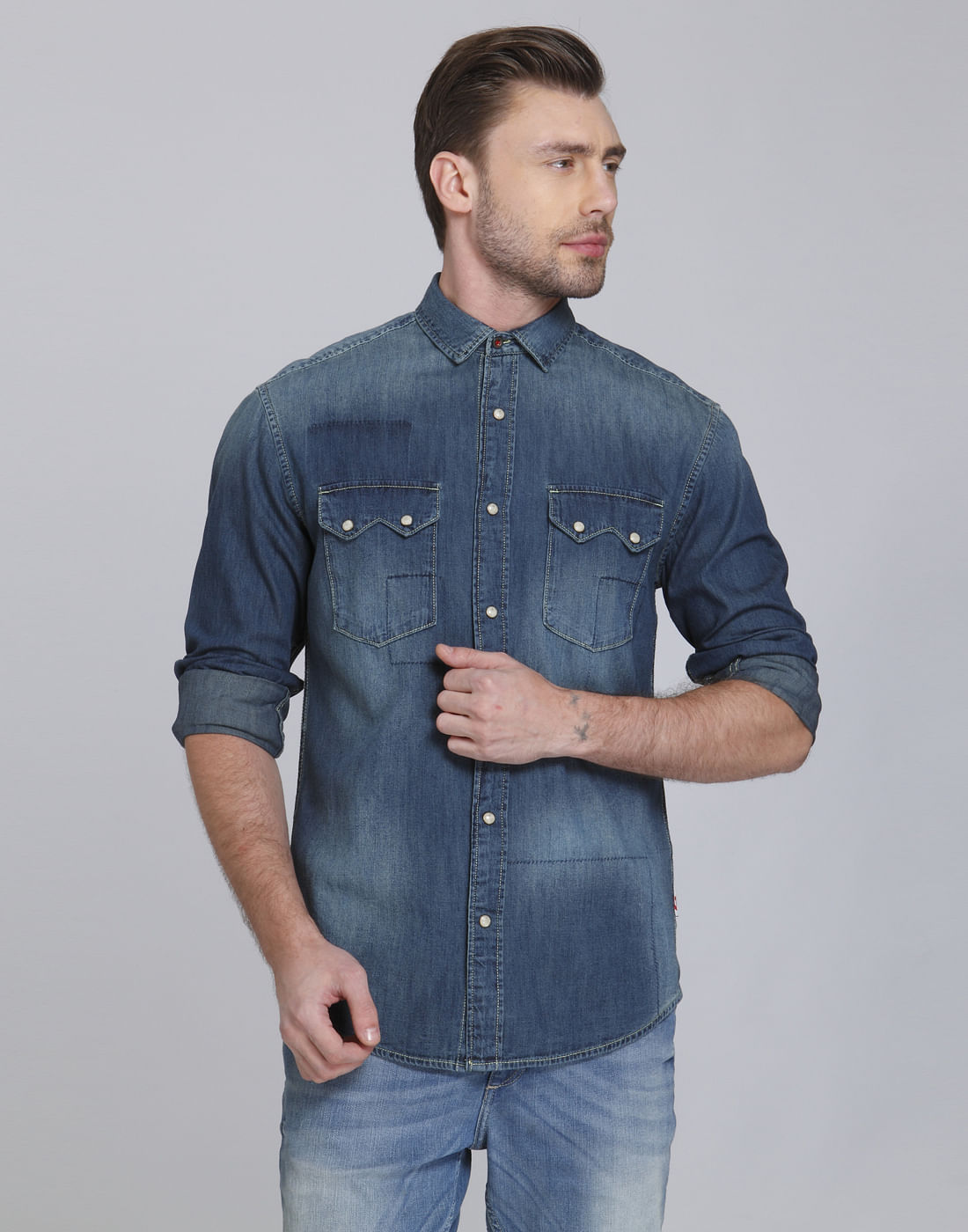 Dark Blue Denim Text Print Shirt - S