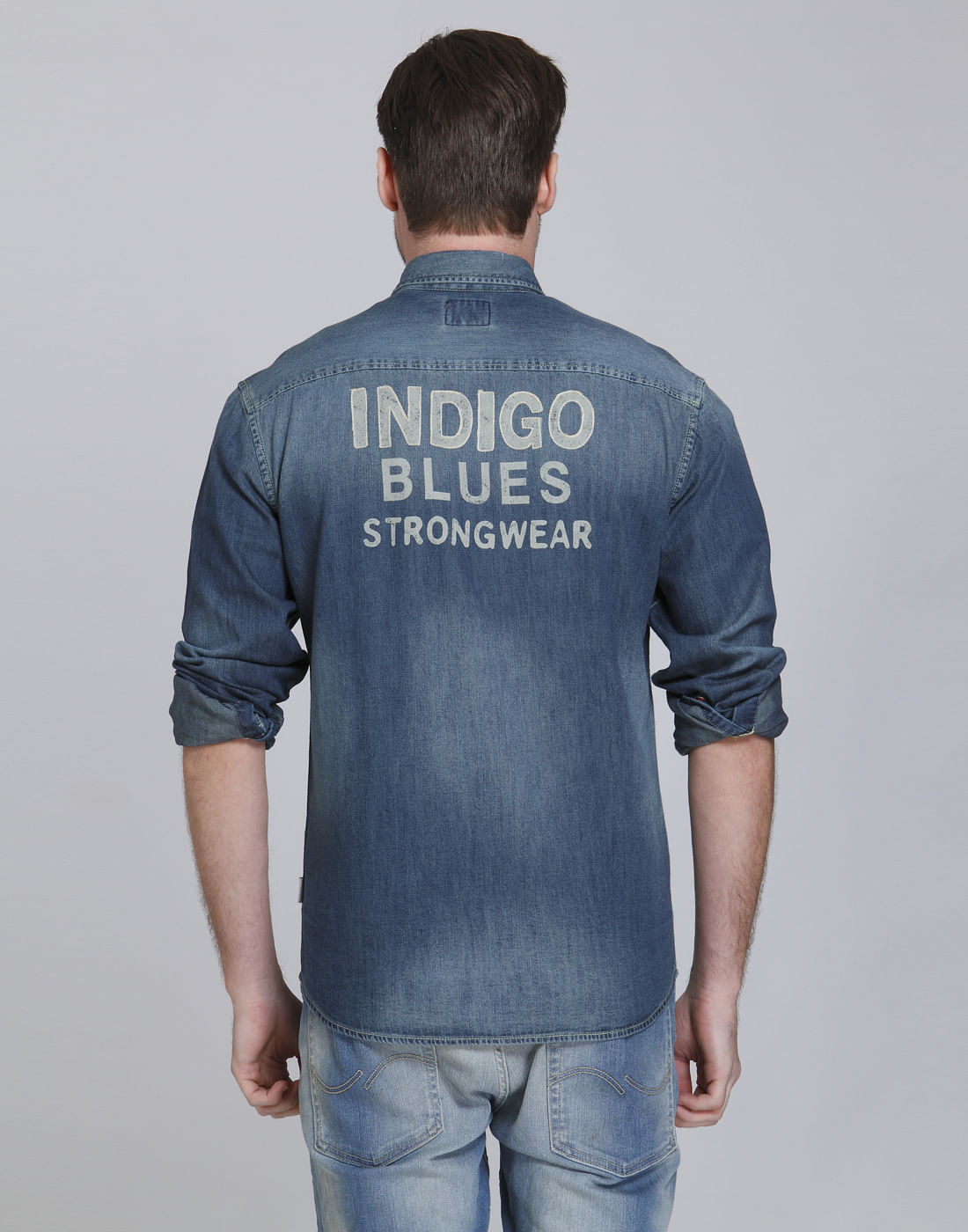 Dark Blue Denim Text Print Shirt
