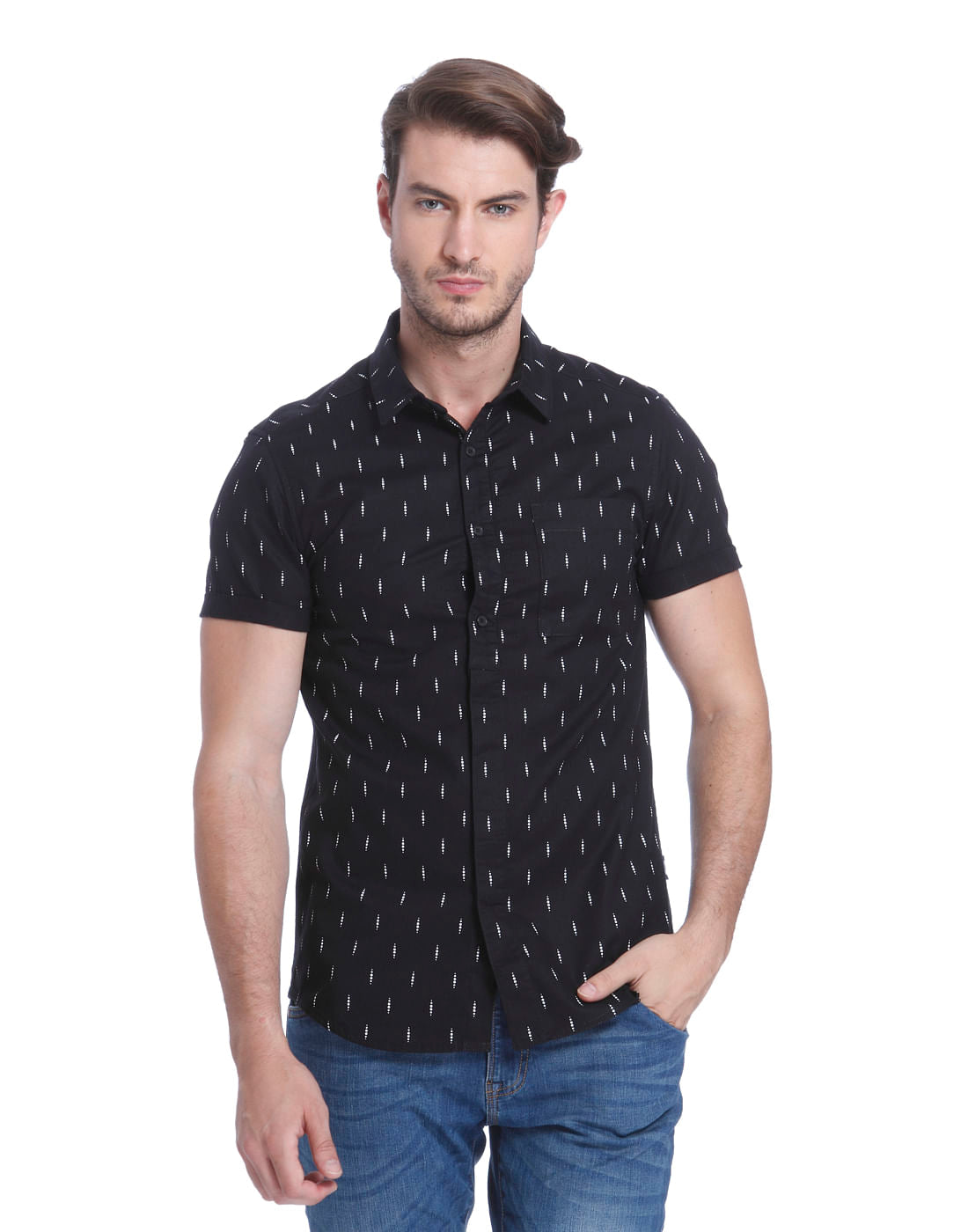 Black Printed Slim Fit Shirt - S