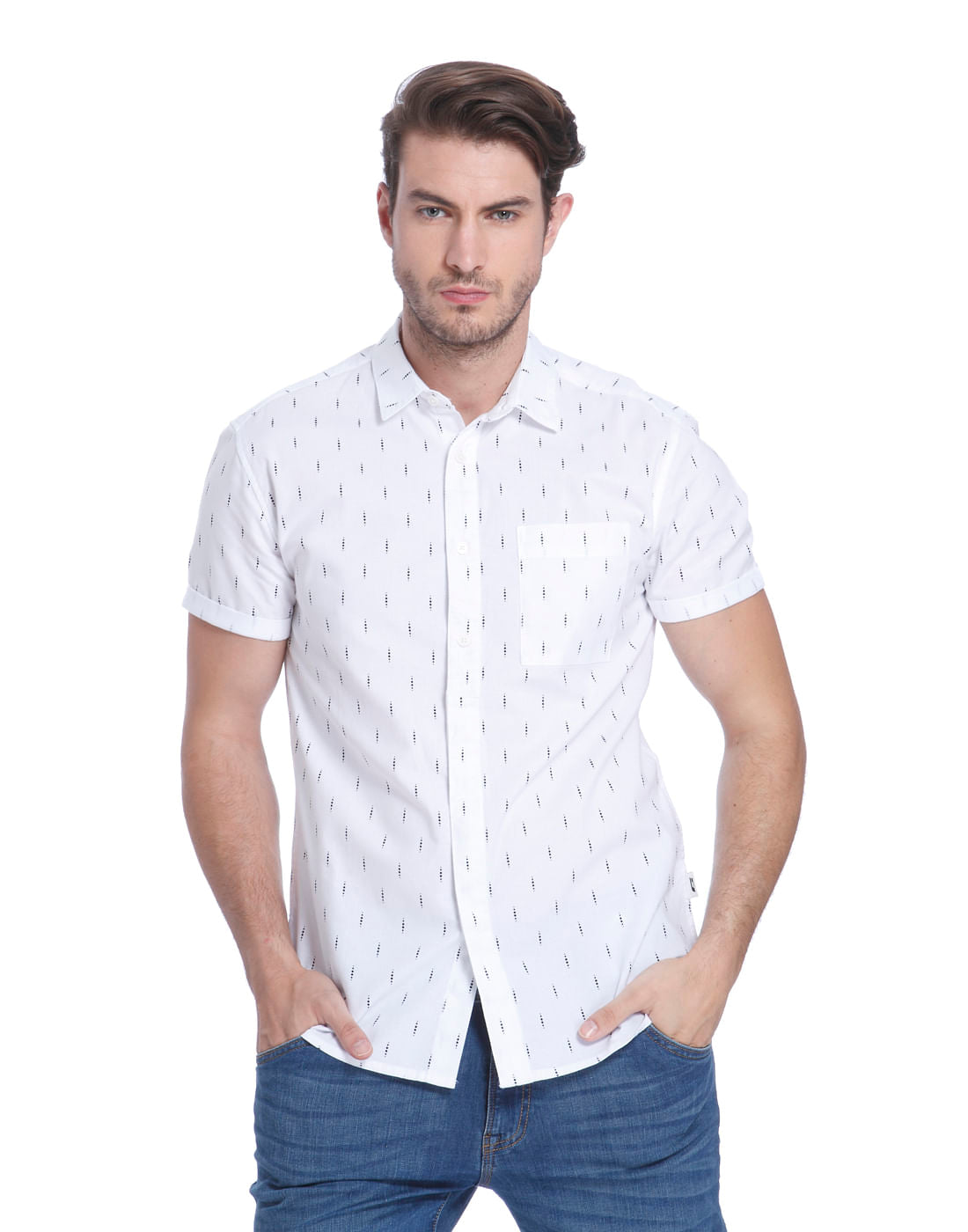 White Printed Slim Fit Shirt - S