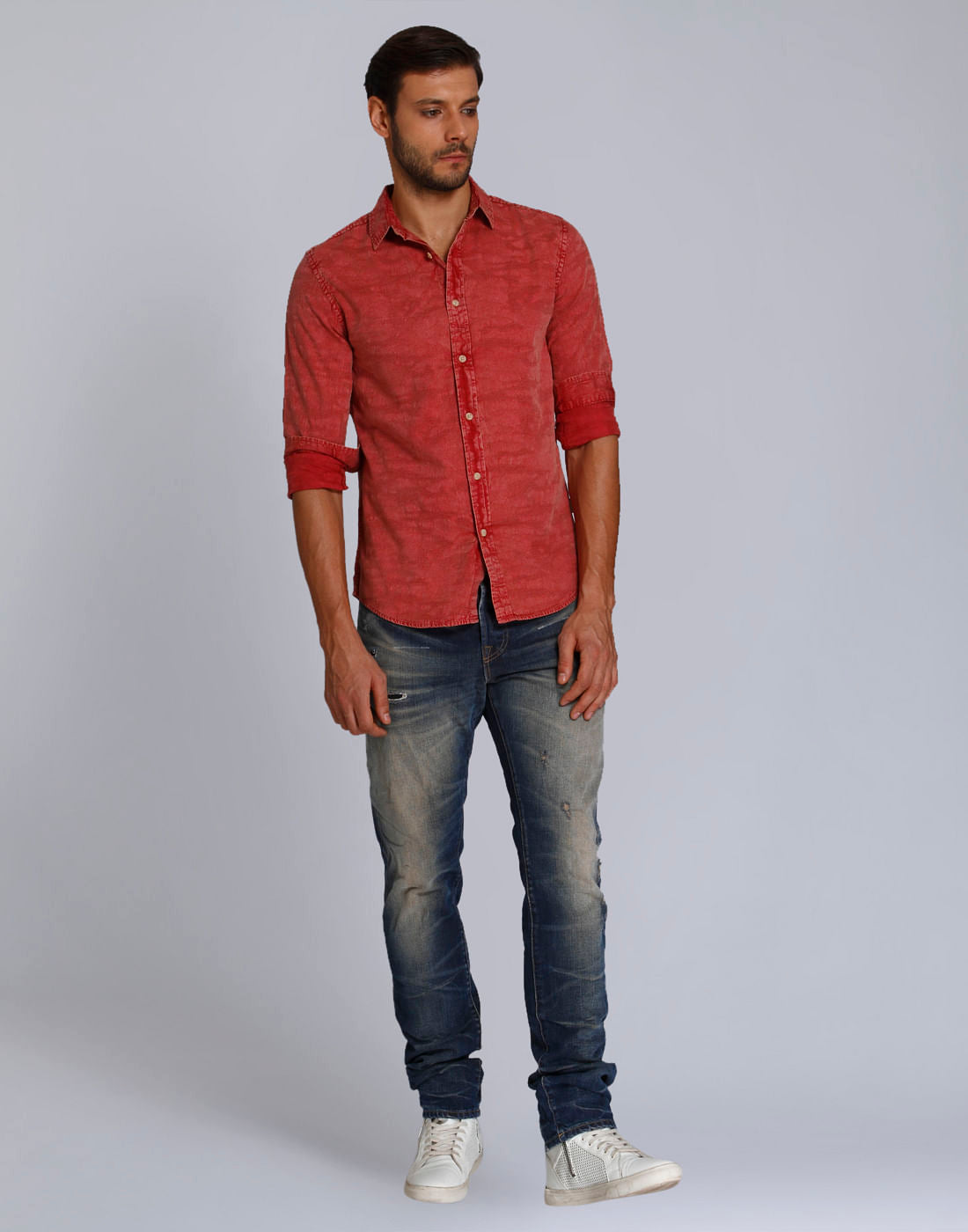 Red Textured Slim Fit Shirt