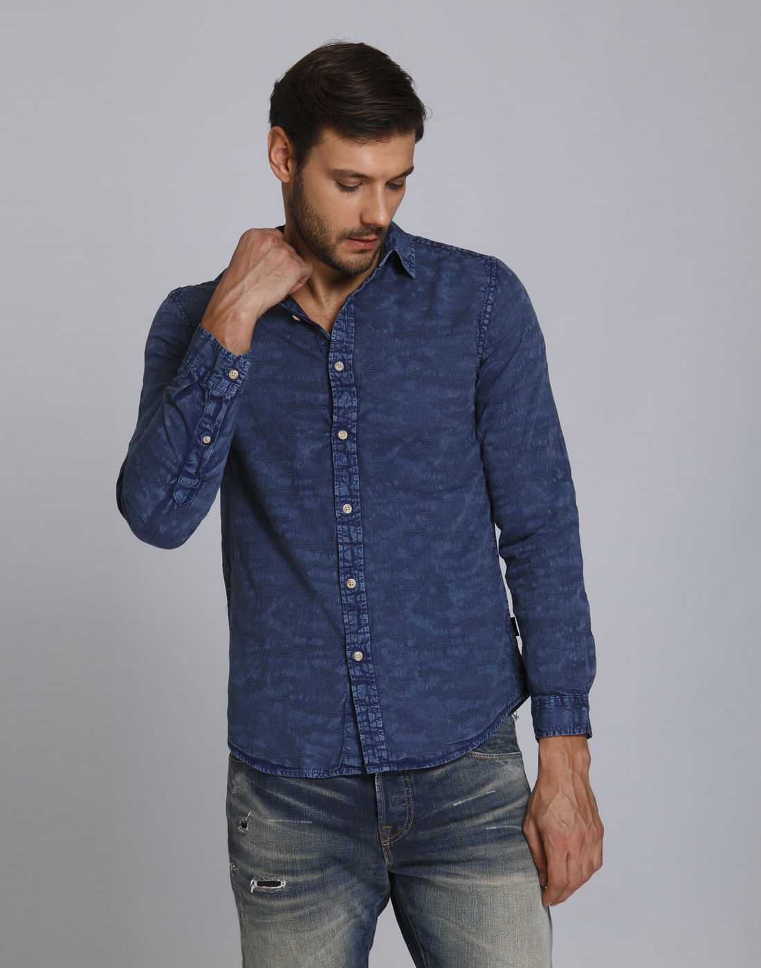 Blue Textured Slim Fit Shirt - S
