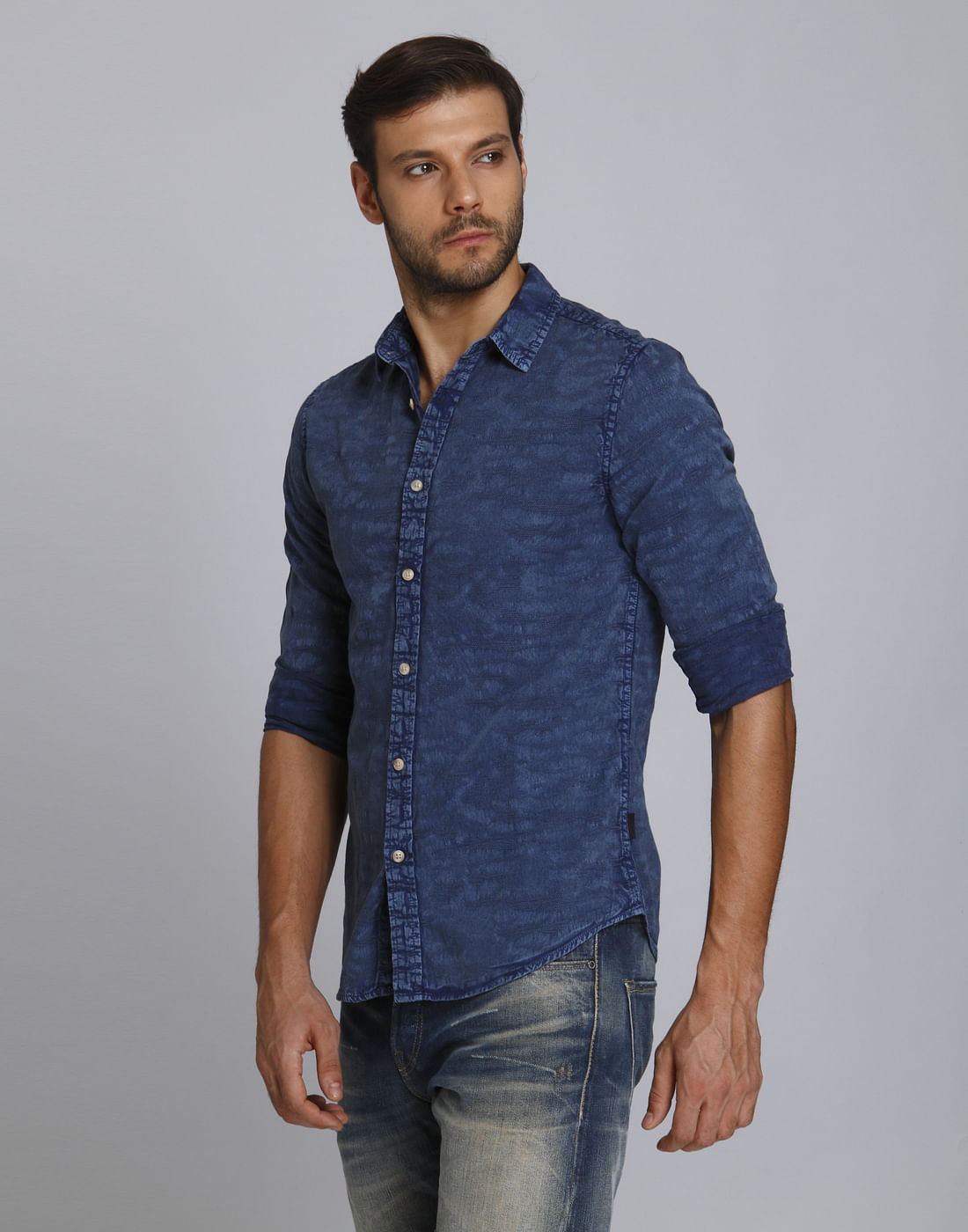 Blue Textured Slim Fit Shirt