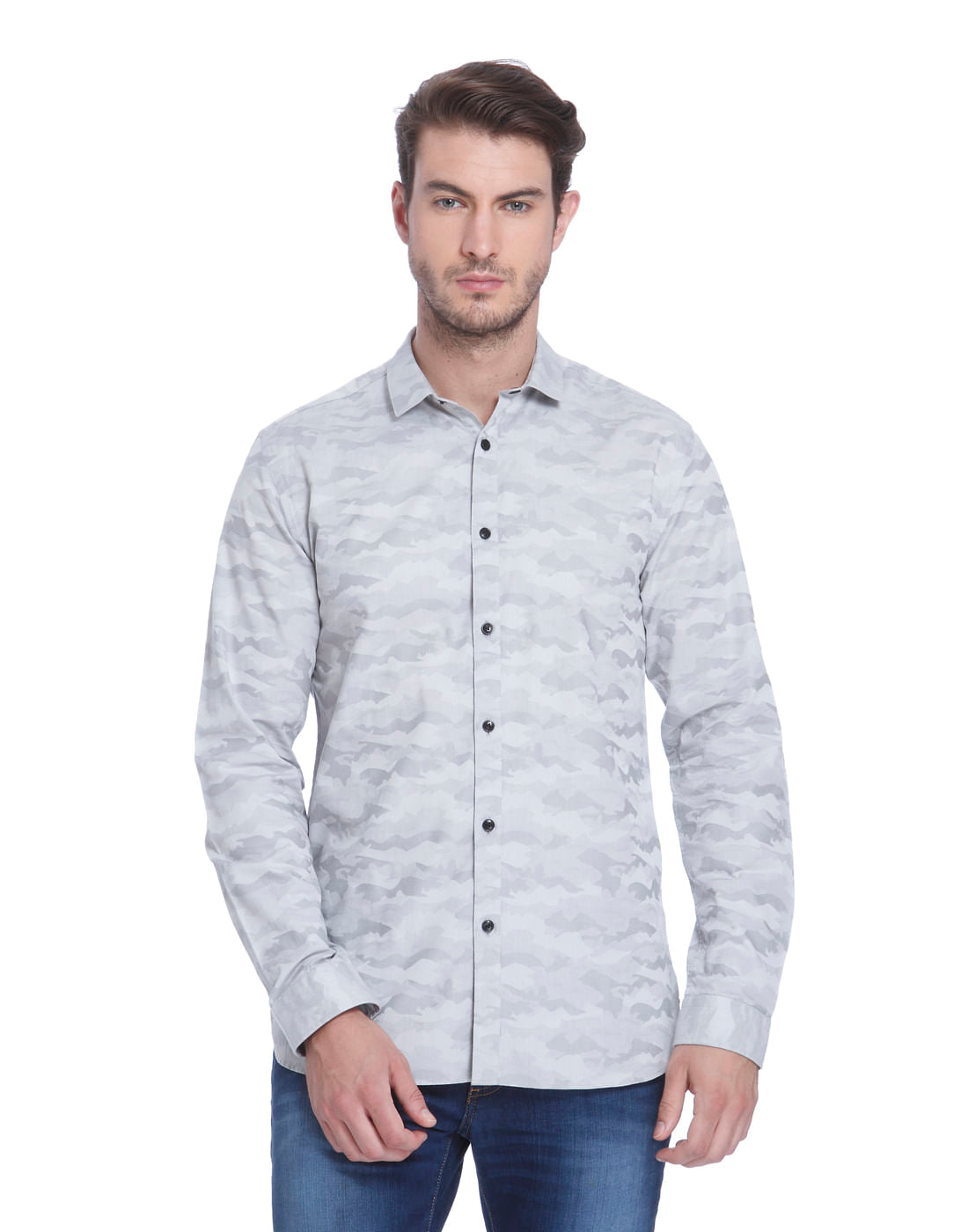 Grey Self Print Slim Fit Shirt - S