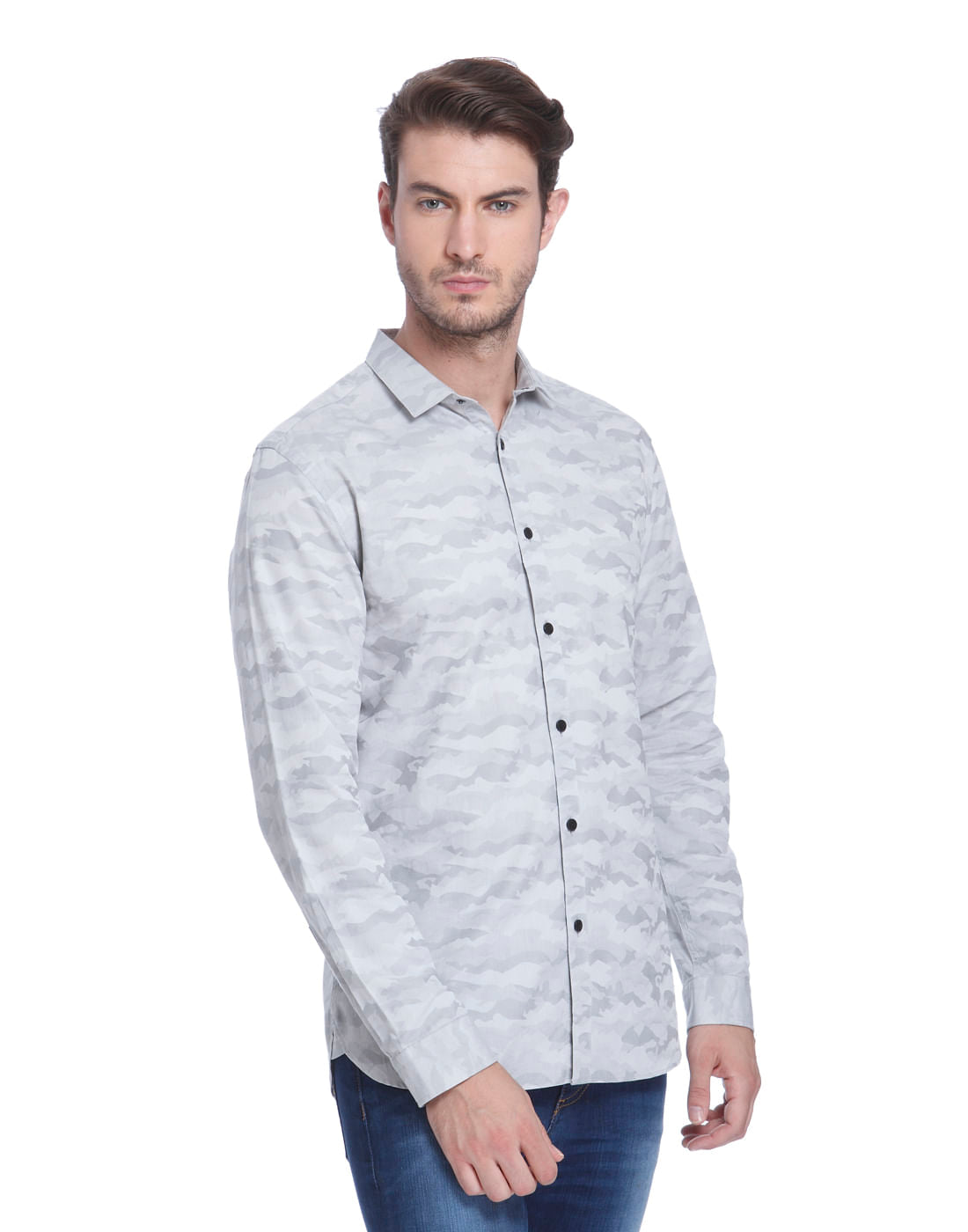 Grey Self Print Slim Fit Shirt