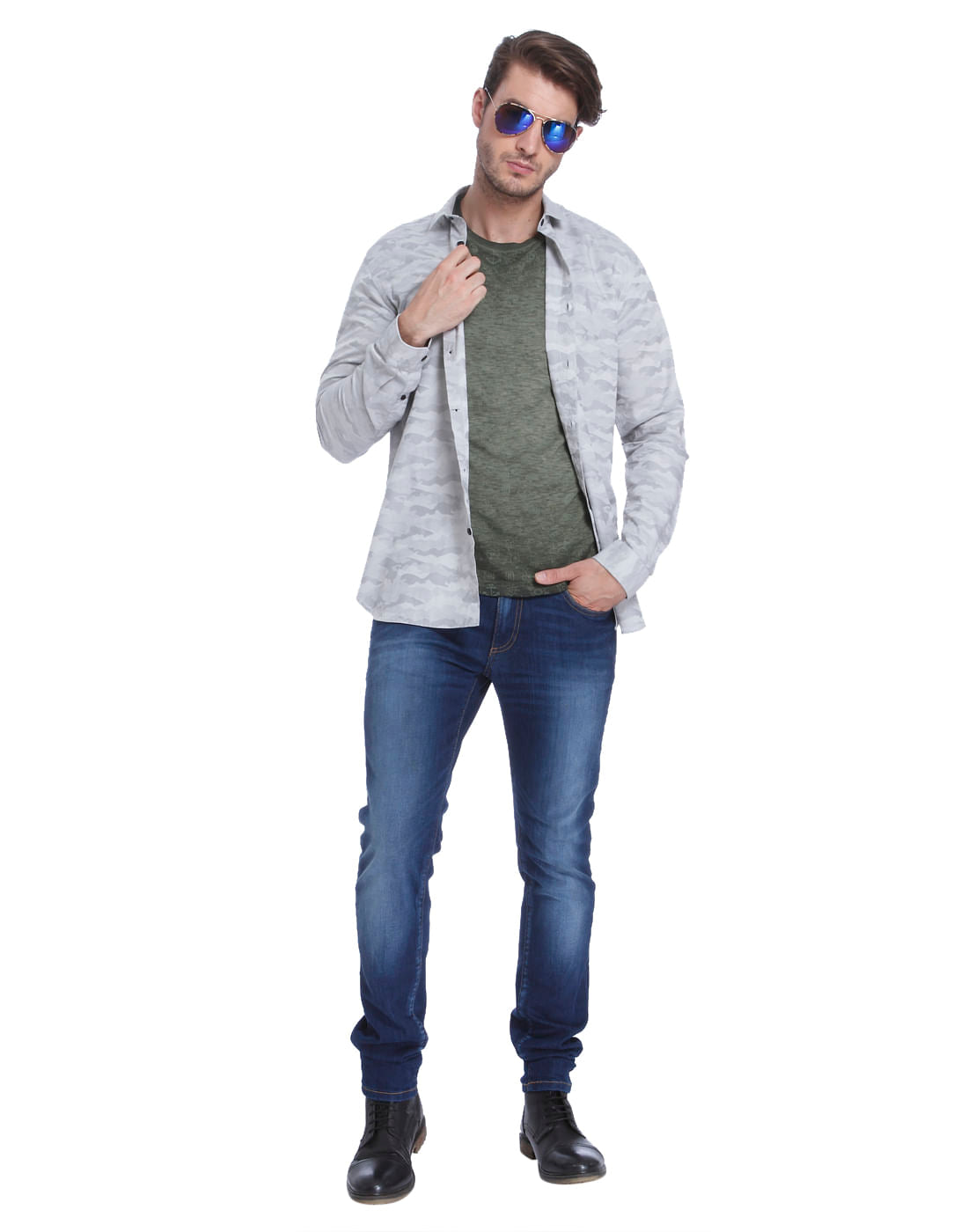 Grey Self Print Slim Fit Shirt