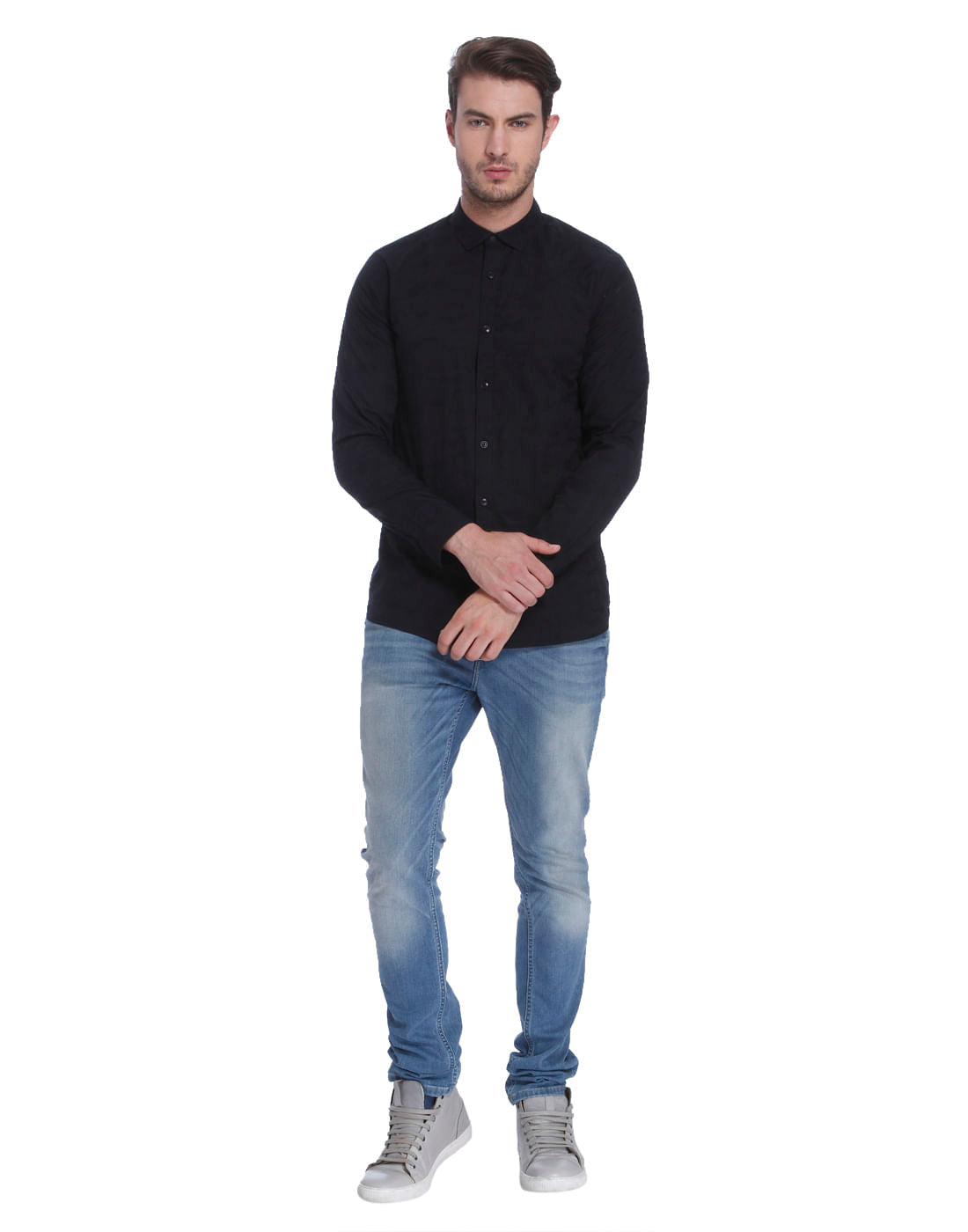 Blue Self Print Slim Fit Shirt