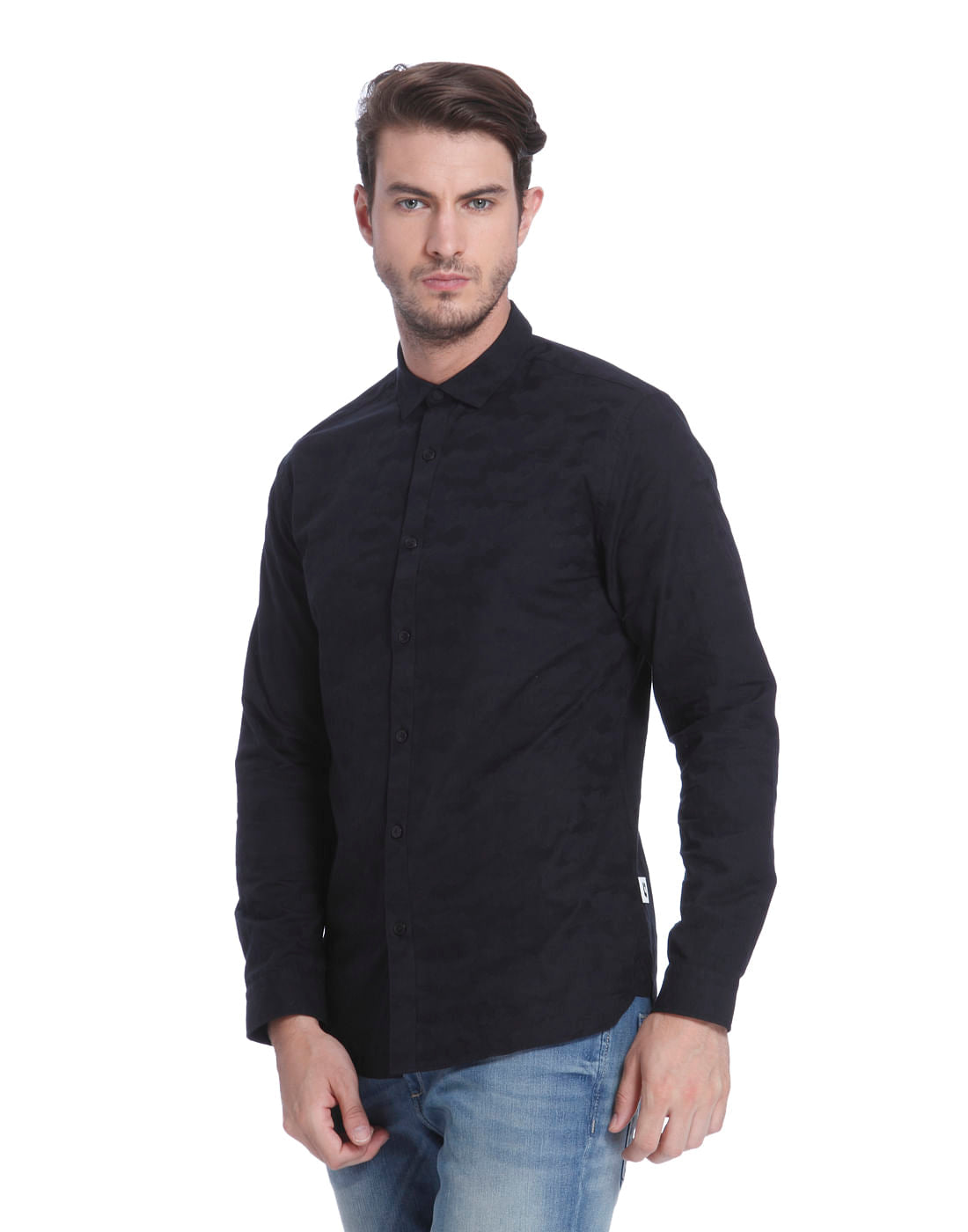 Blue Self Print Slim Fit Shirt - S