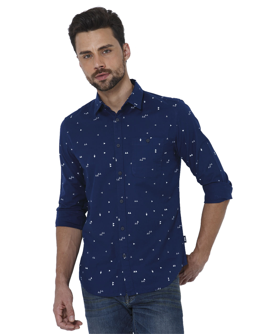 Dark Blue Triangle Print Slim Shirt - S