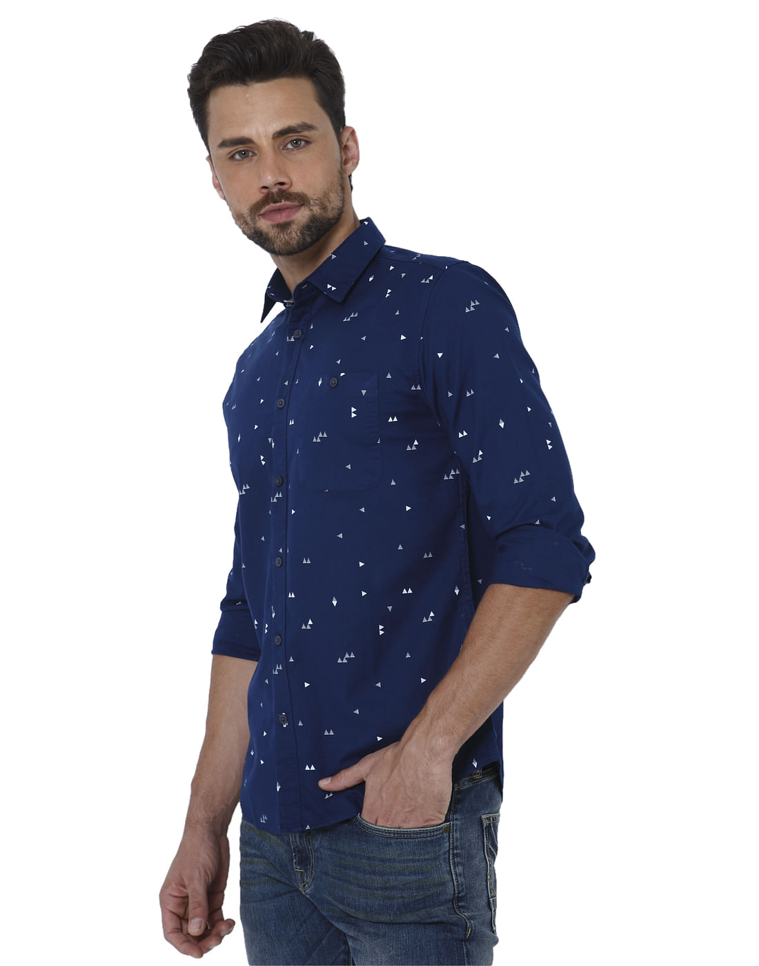 Dark Blue Triangle Print Slim Shirt