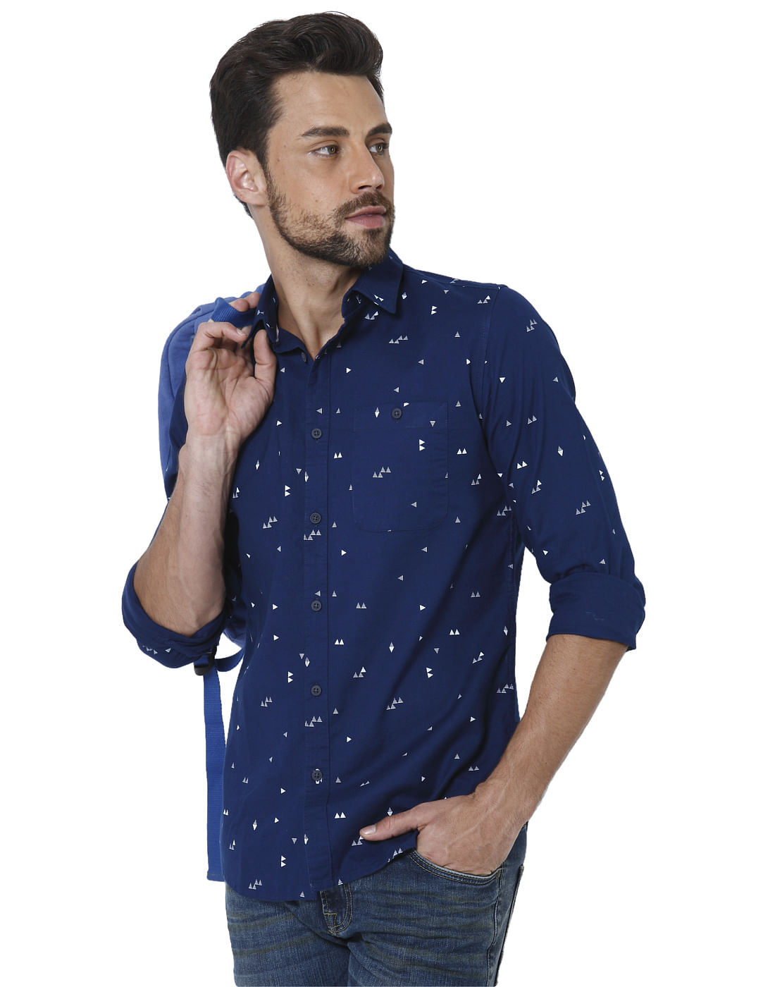 Dark Blue Triangle Print Slim Shirt