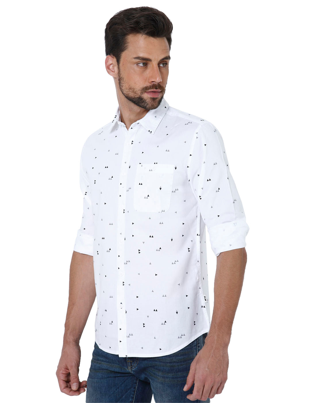 White All Over Triangle Print Slim Fit Shirt