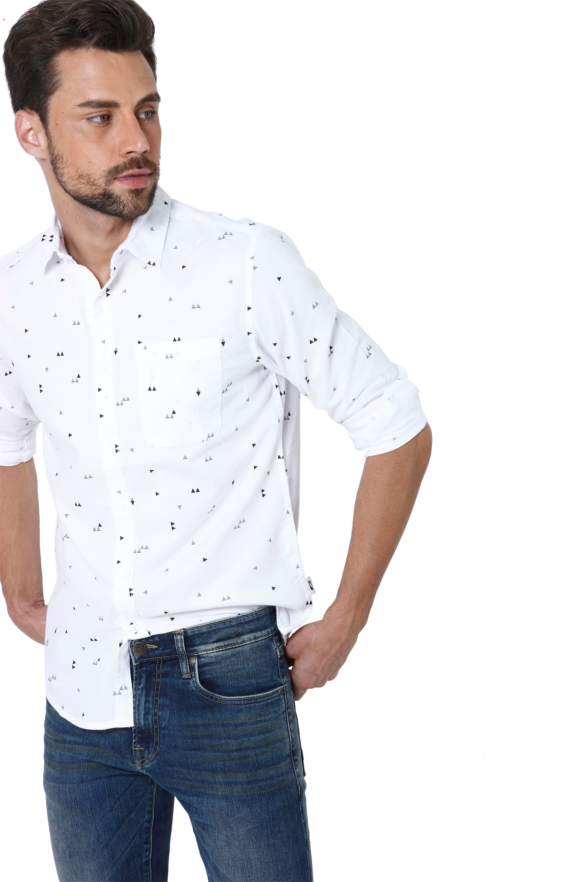 White All Over Triangle Print Slim Fit Shirt