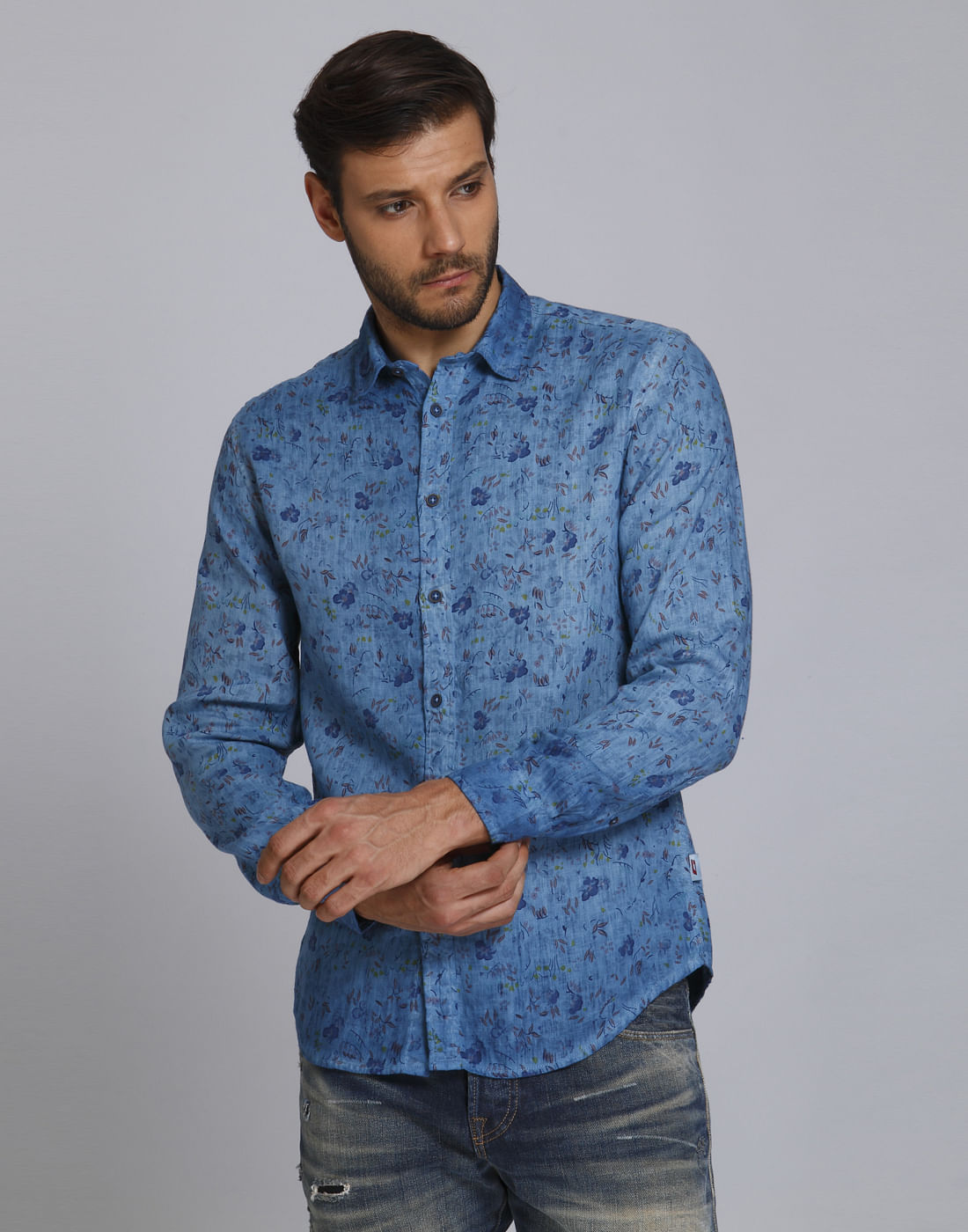 Turquoise Floral Print Slim Fit Linen Shirt - S
