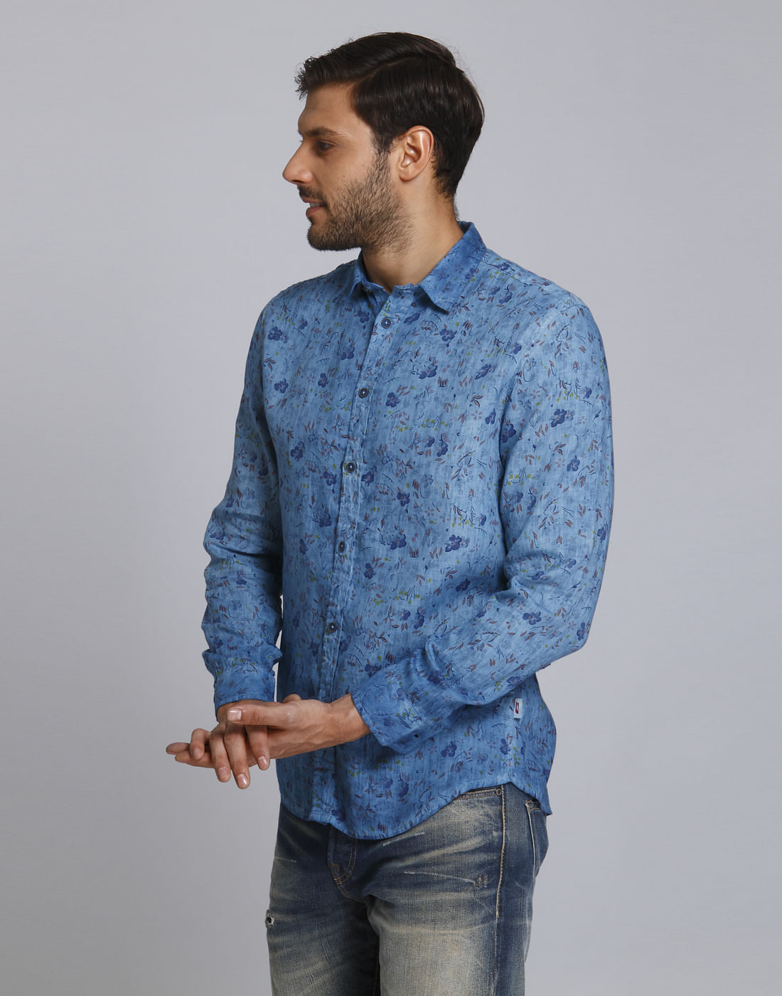 Turquoise Floral Print Slim Fit Linen Shirt
