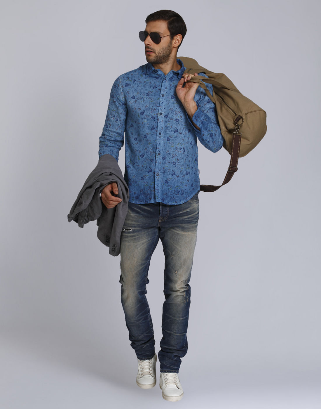 Turquoise Floral Print Slim Fit Linen Shirt