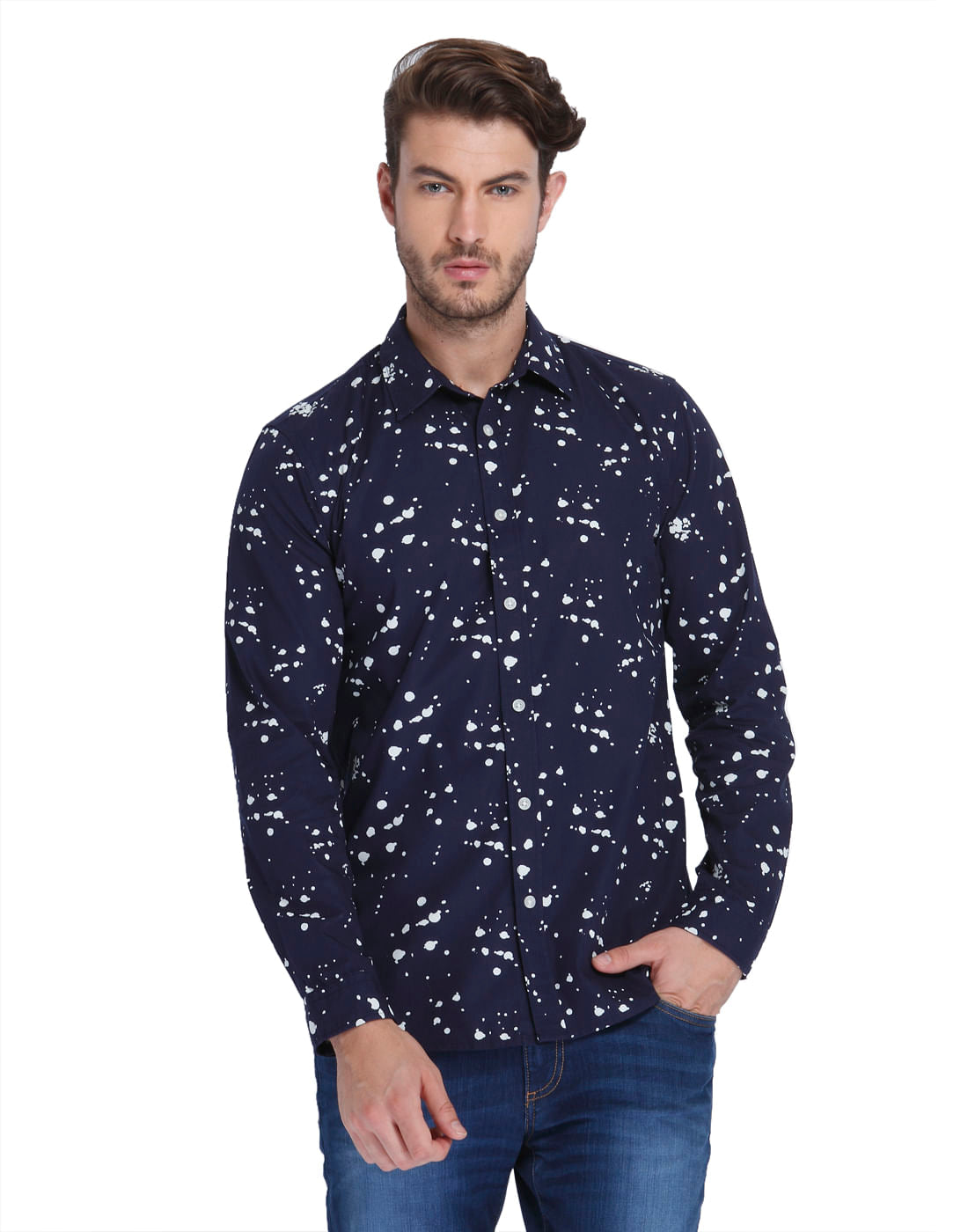 Dark Blue Abstract Print Slim Fit Shirt - S