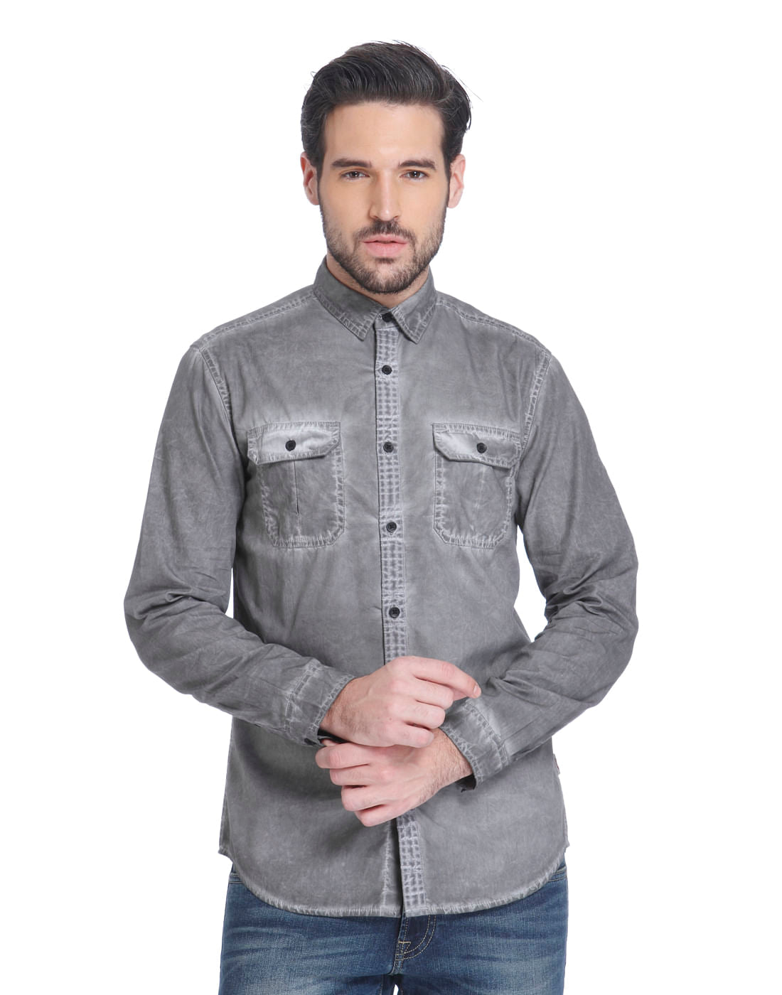 Grey Over Dyed Slim Fit Shirt - S