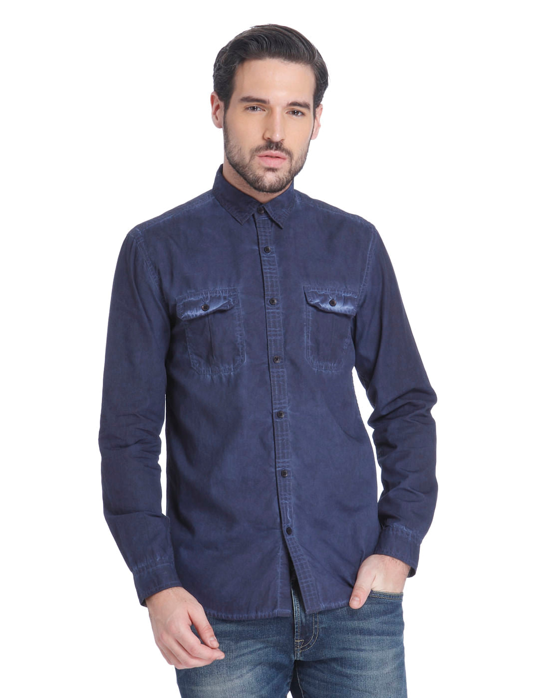 Dark Blue Over Dyed Slim Fit Shirt - S