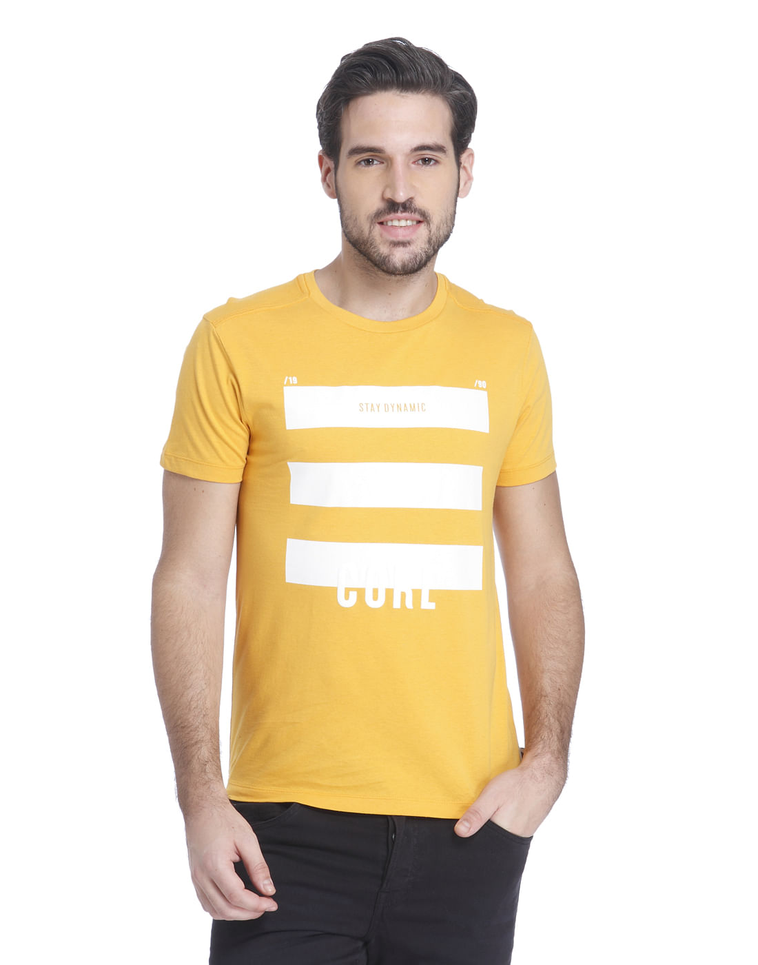 Yellow Graphic Print Crew Neck T-Shirt - S