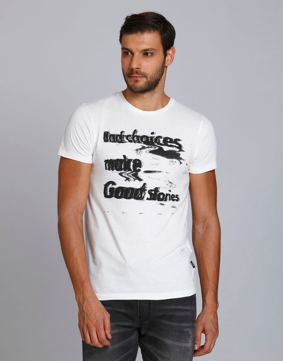 White Text Print Crew Neck T-Shirt - S