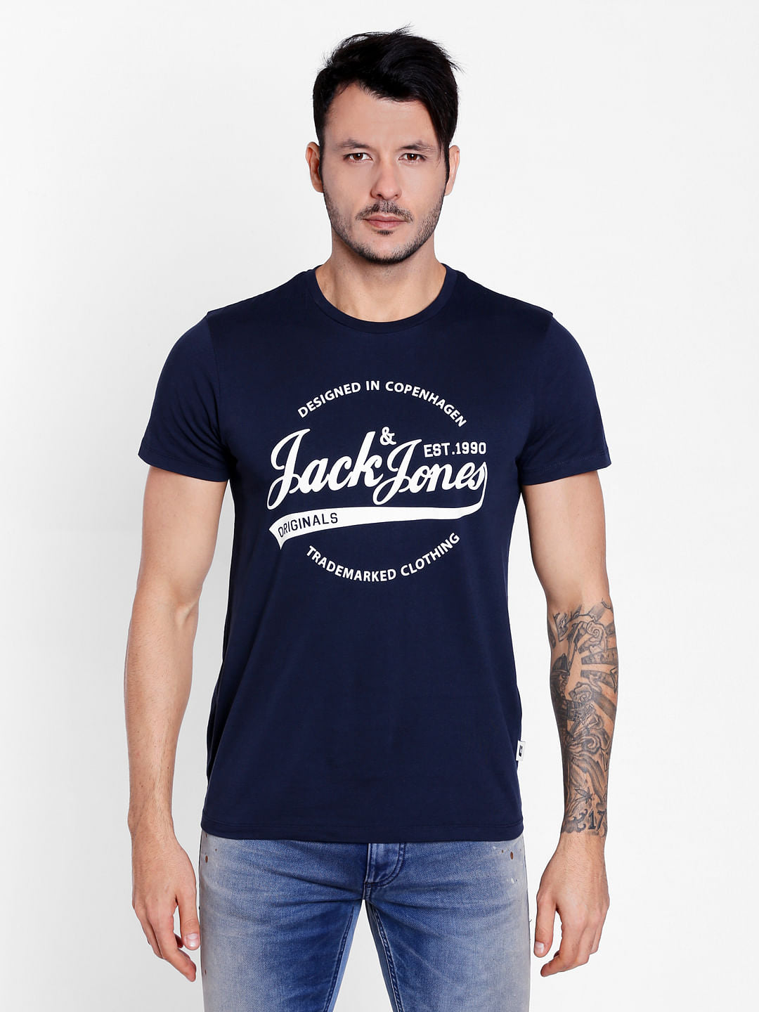 Dark Blue Graphic Print Crew Neck T-Shirt - S
