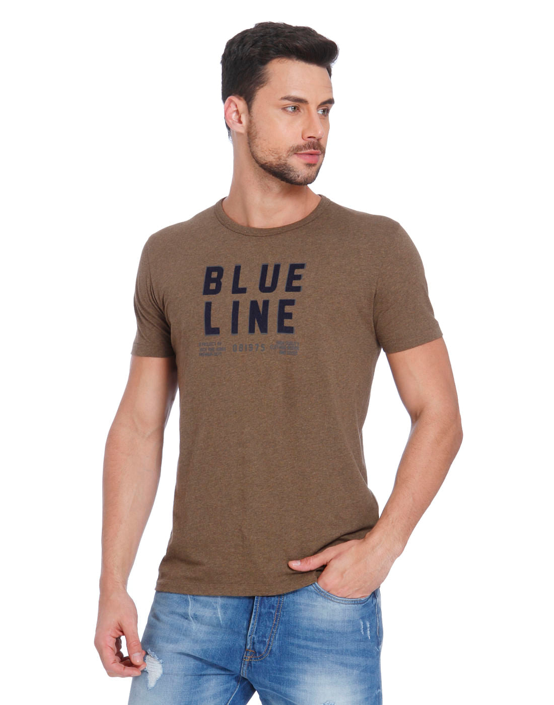Brown Text Print Crew Neck T-Shirt - S