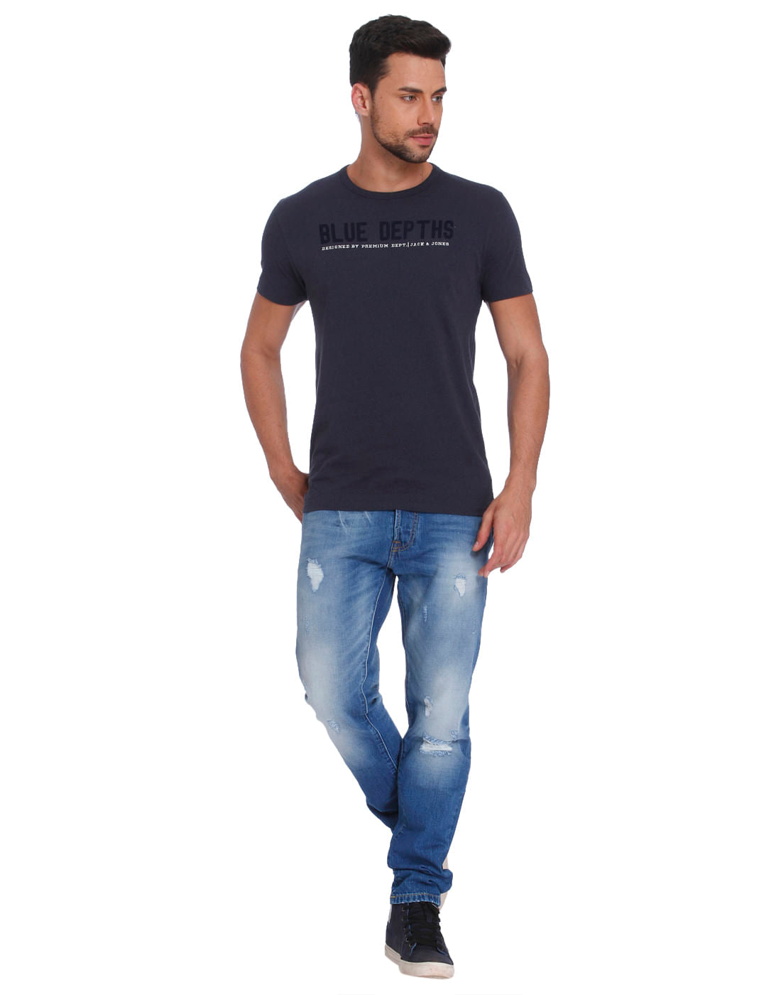 Blue Text Print Crew Neck T-Shirt
