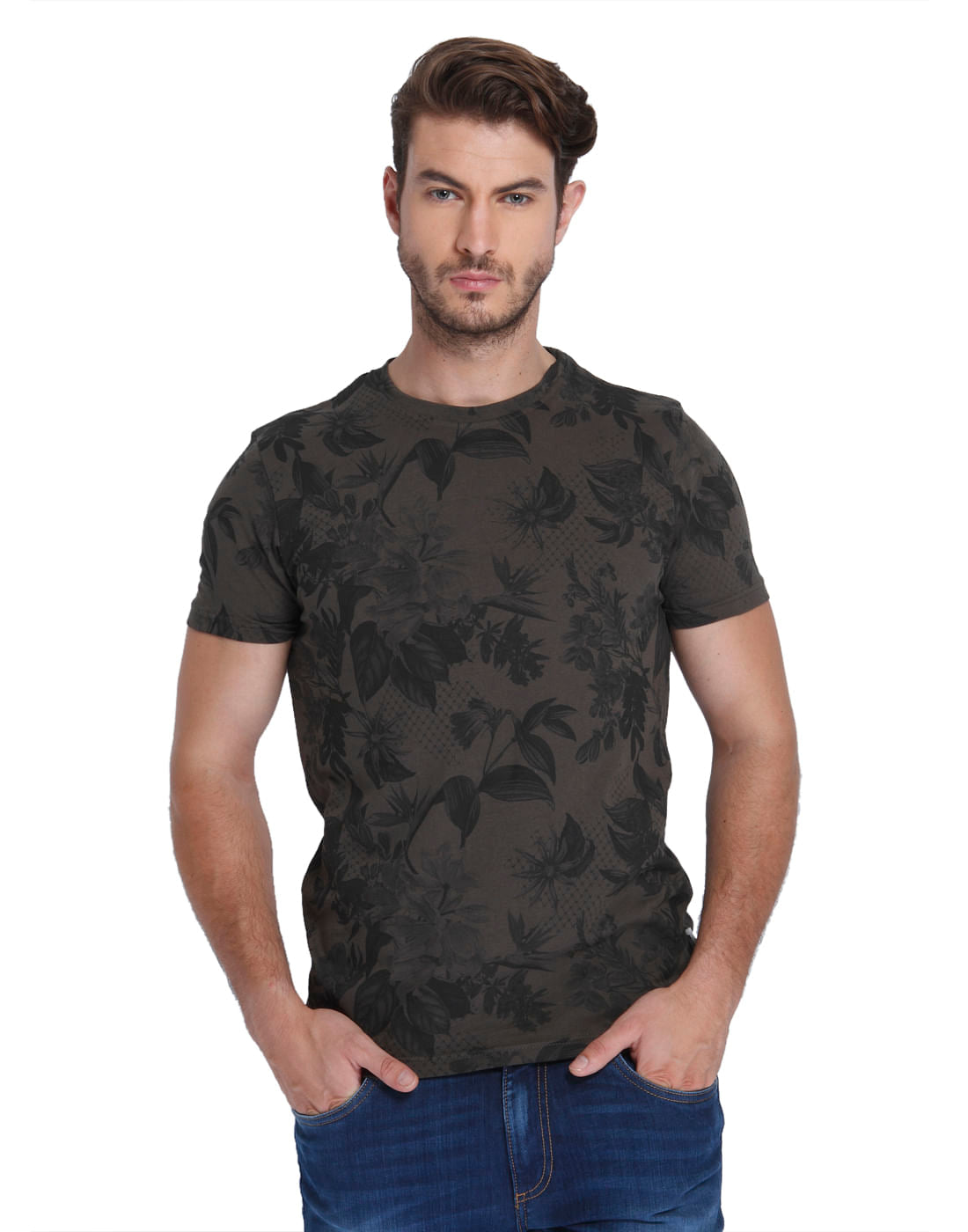 Brown Tropical Print Crew Neck T-Shirt - S