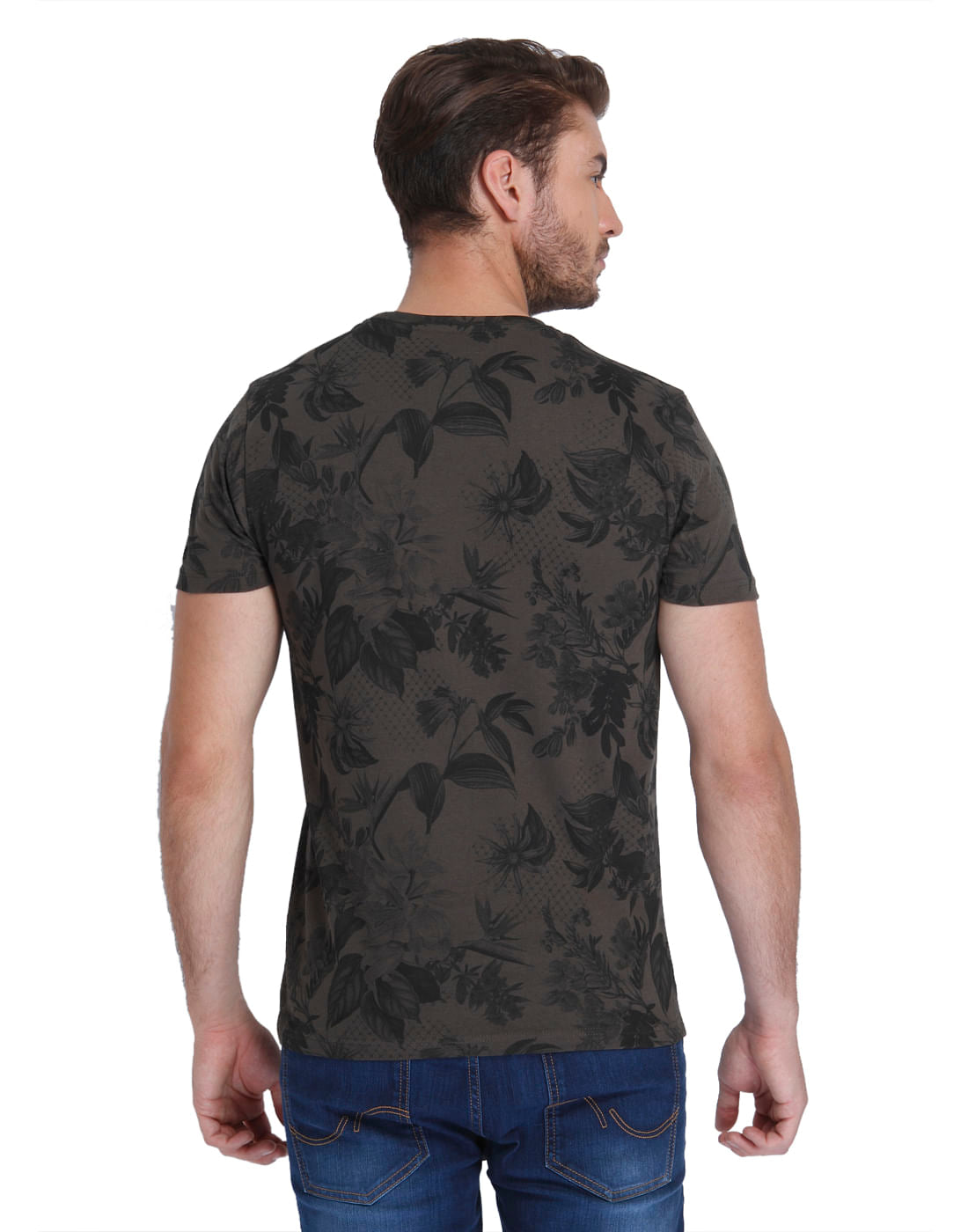Brown Tropical Print Crew Neck T-Shirt