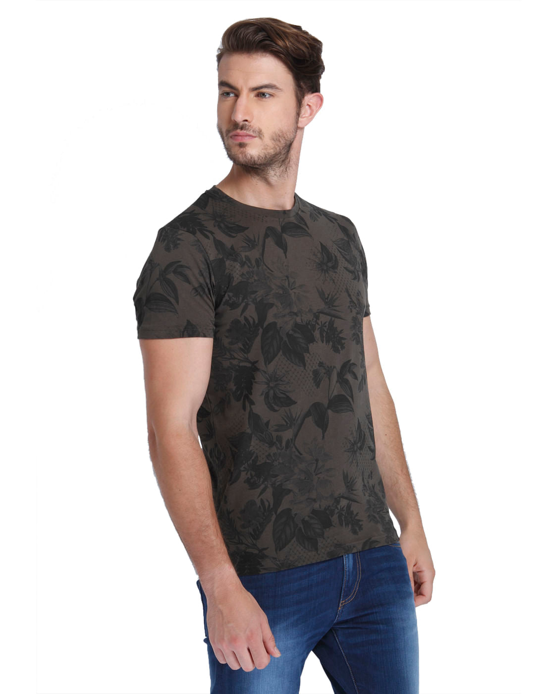 Brown Tropical Print Crew Neck T-Shirt