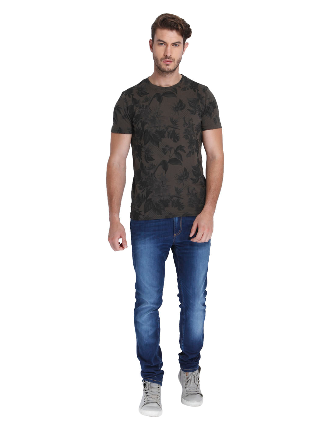 Brown Tropical Print Crew Neck T-Shirt