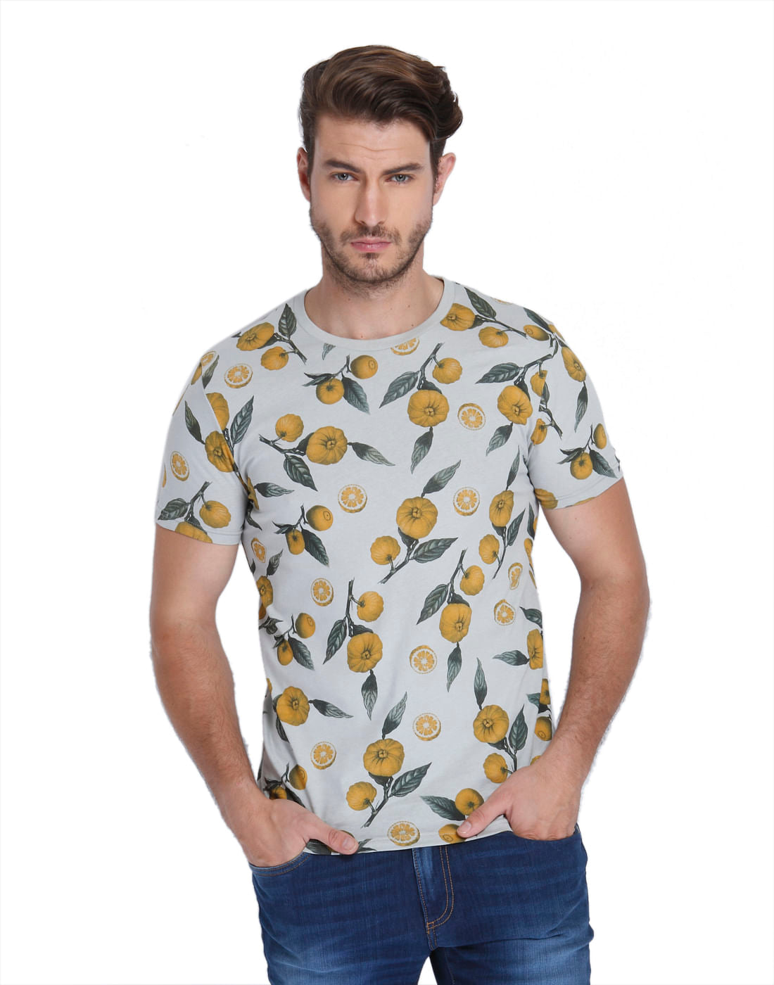 Grey Lemon Print Crew Neck T-Shirt - S