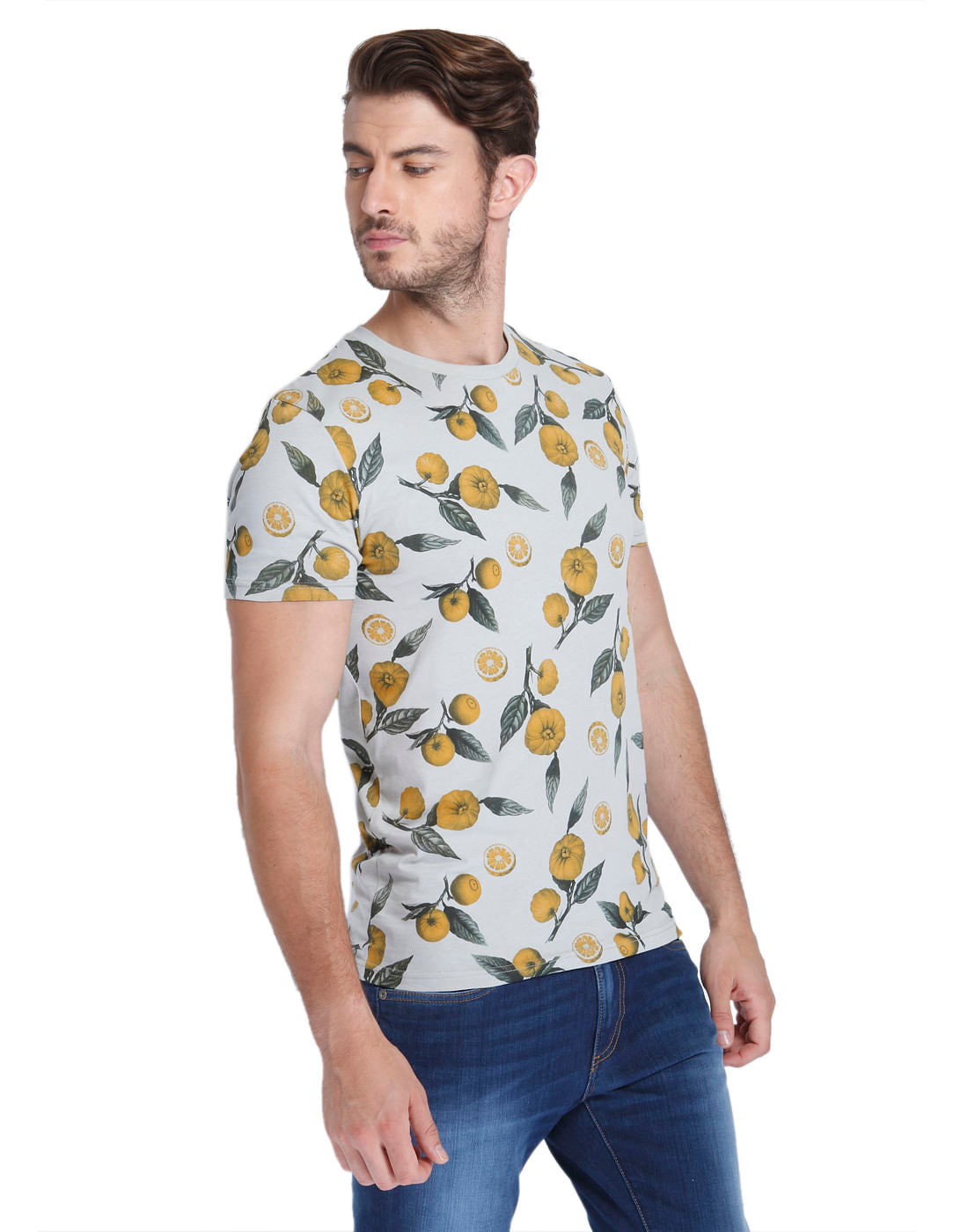 Grey Lemon Print Crew Neck T-Shirt