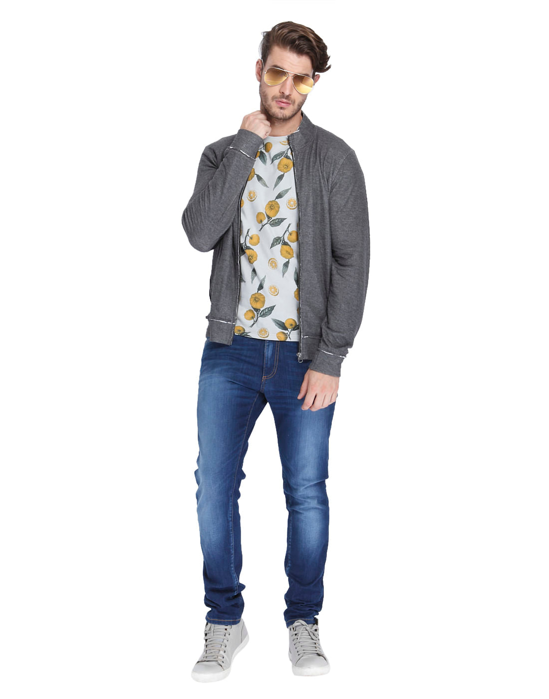 Grey Lemon Print Crew Neck T-Shirt