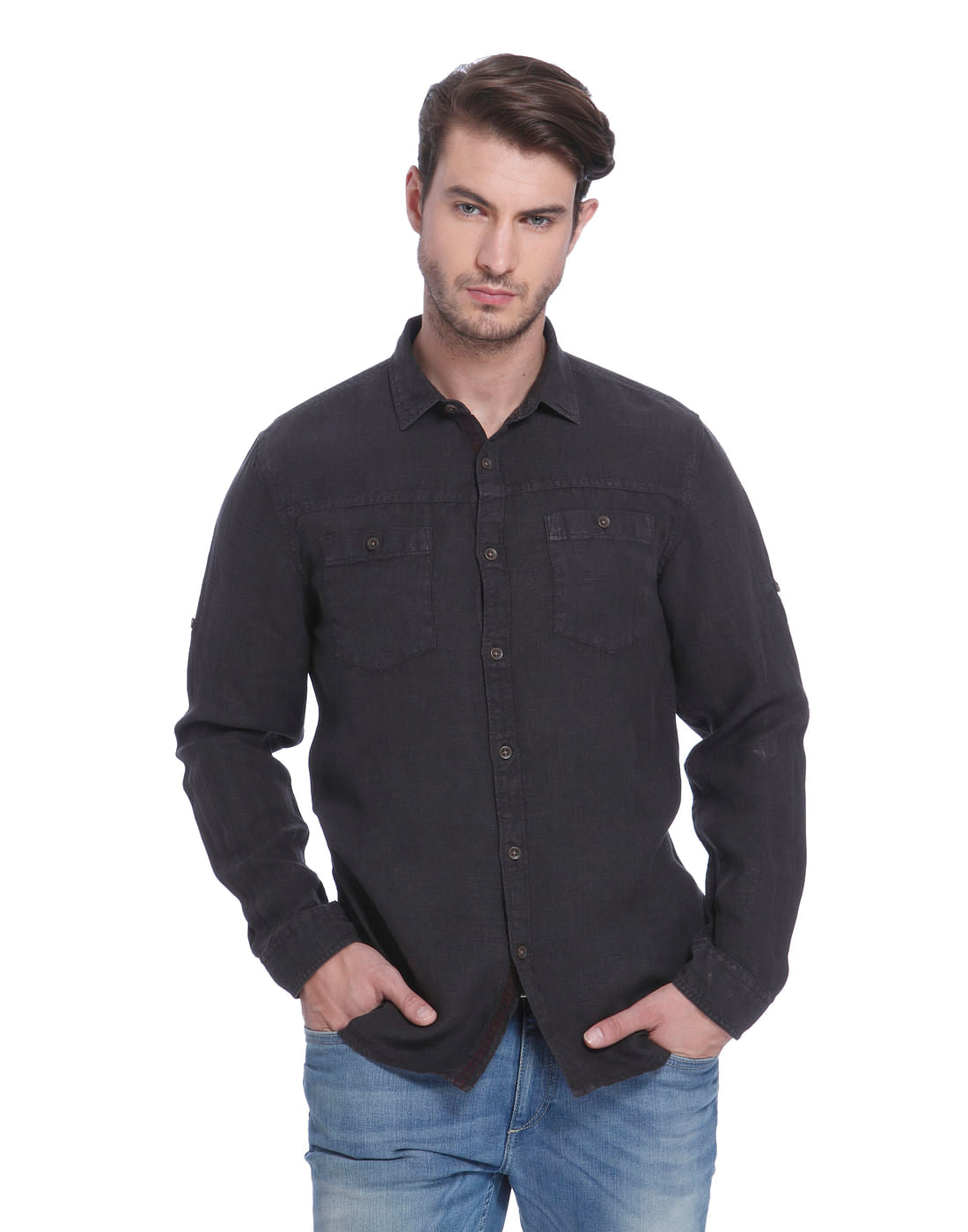 Black Linen Slim Fit Shirt - S