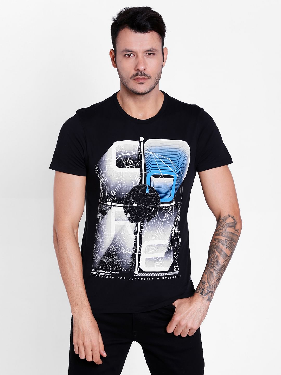 Black Graphic Print Crew Neck T-Shirt - S