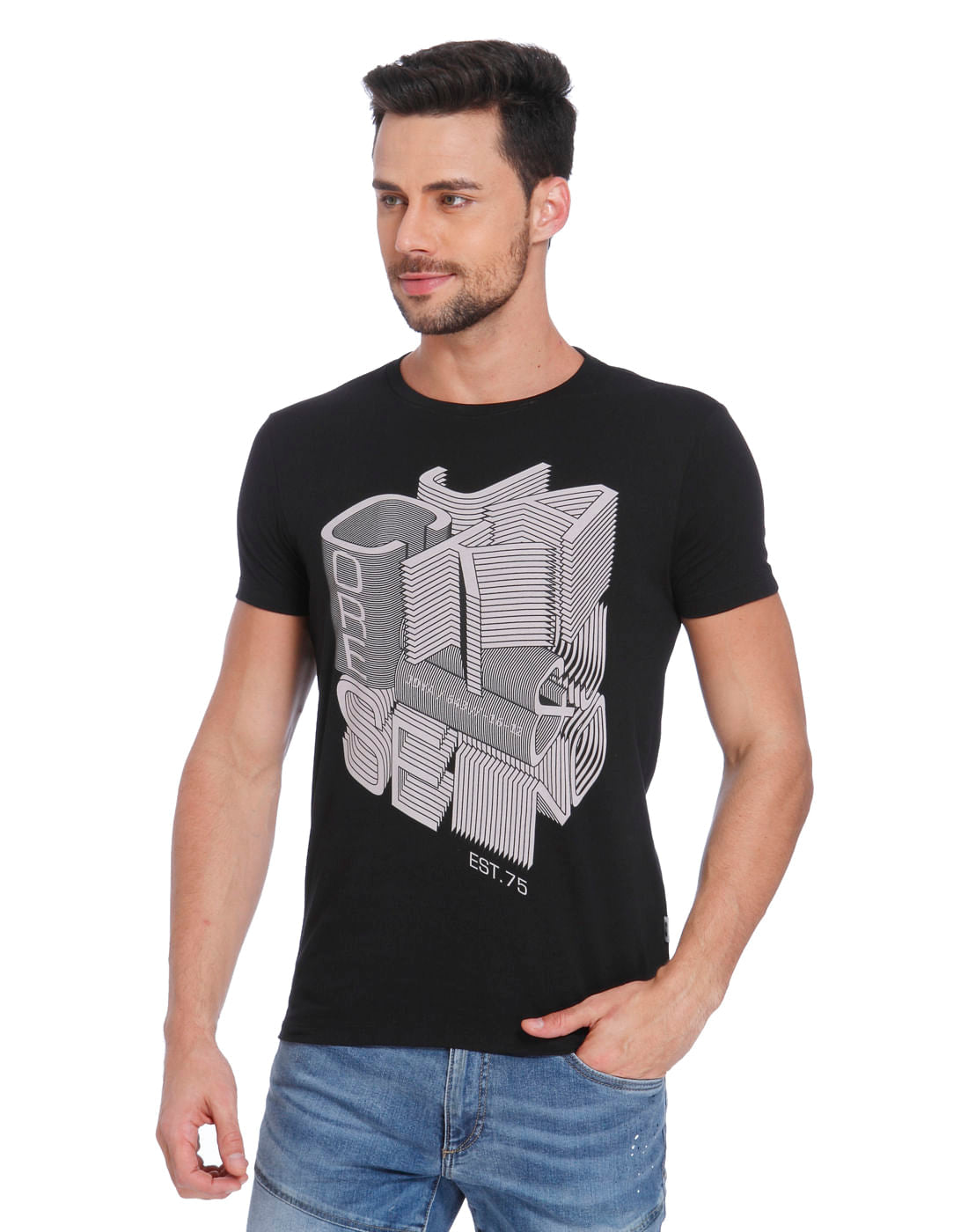 Black Graphic Print Crew Neck T-Shirt - S