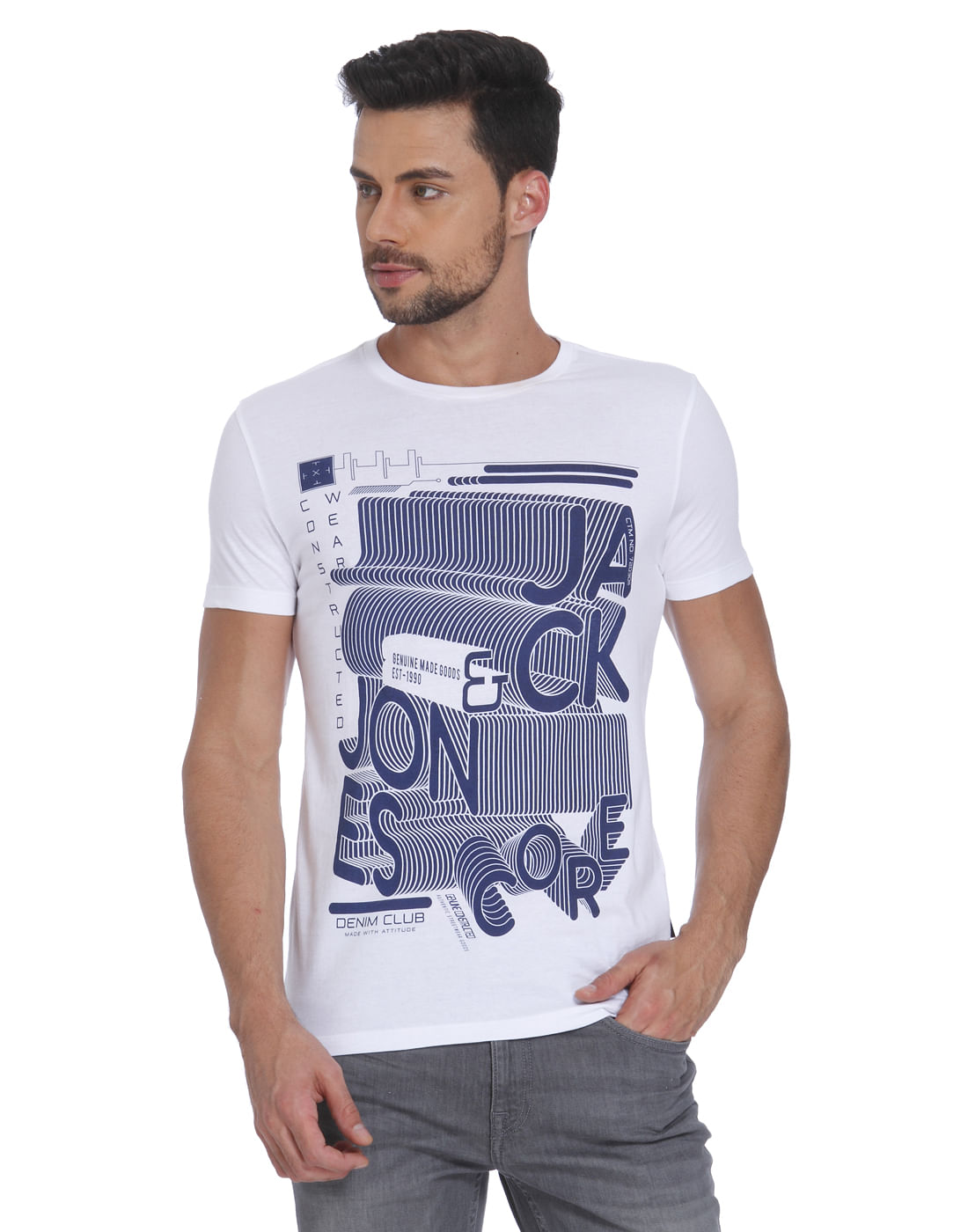 White & Blue Printed Crew Neck T- Shirt - S