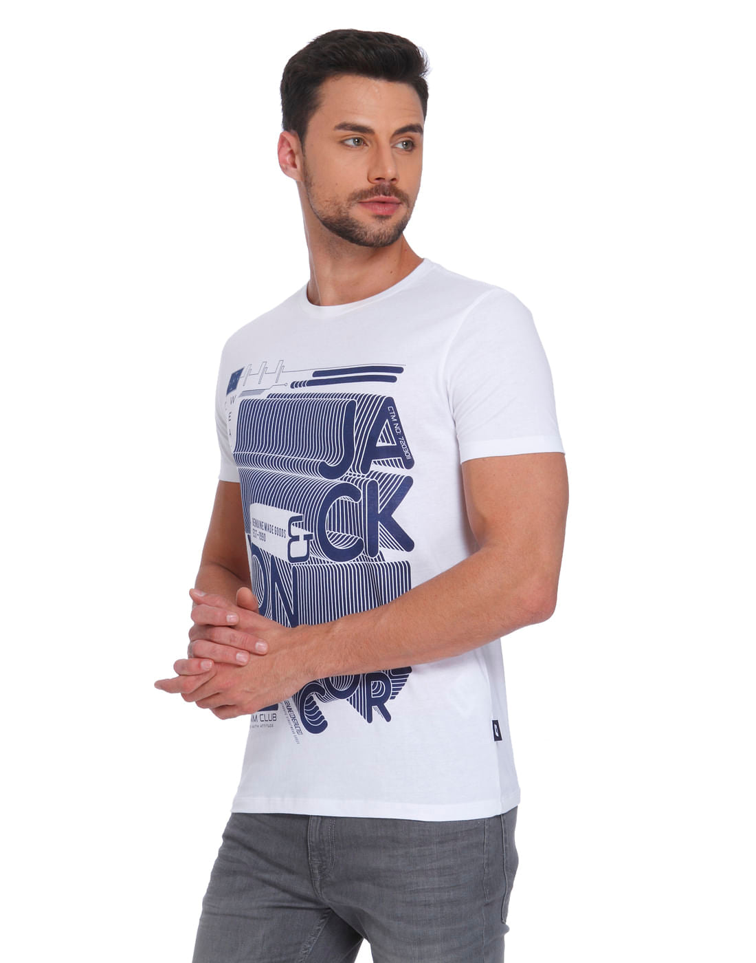White & Blue Printed Crew Neck T- Shirt