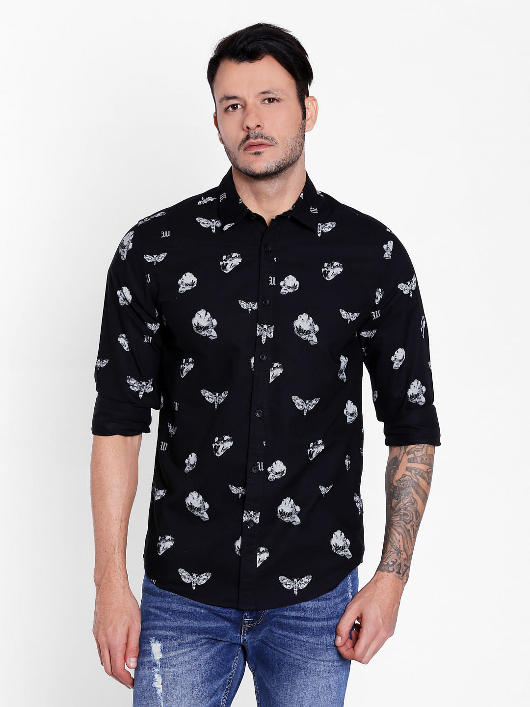 Black Dragonfly Print Slim Fit Shirt - S