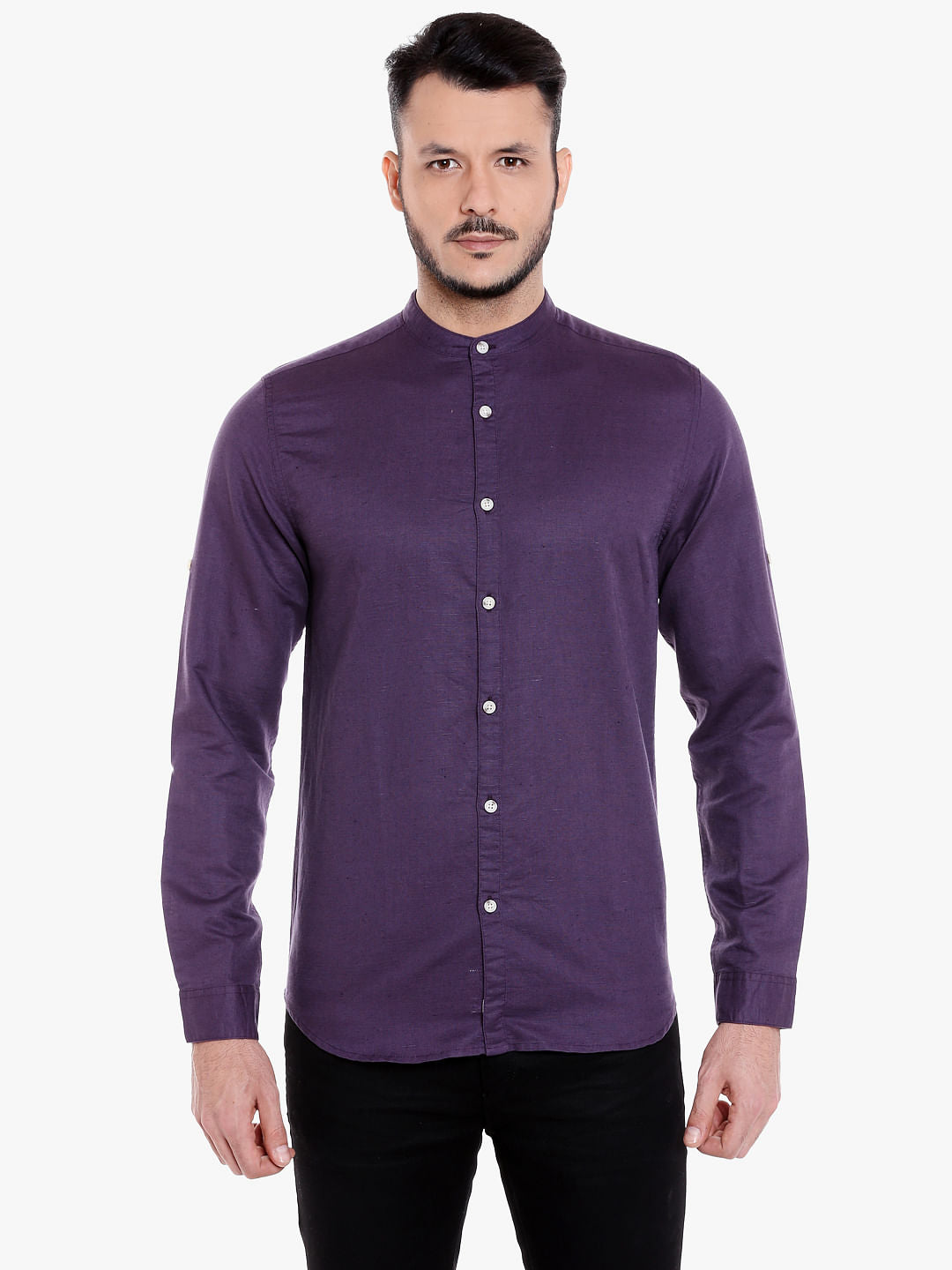 Purple Mandarin Collar Linen Shirt - S