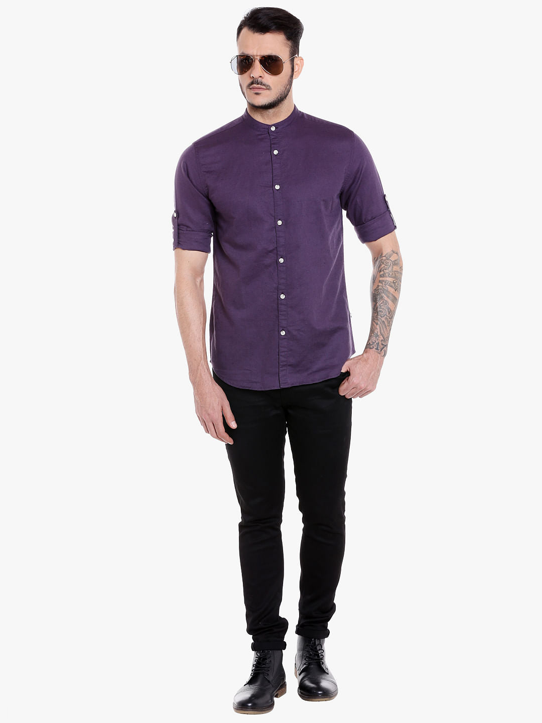 Purple Mandarin Collar Linen Shirt