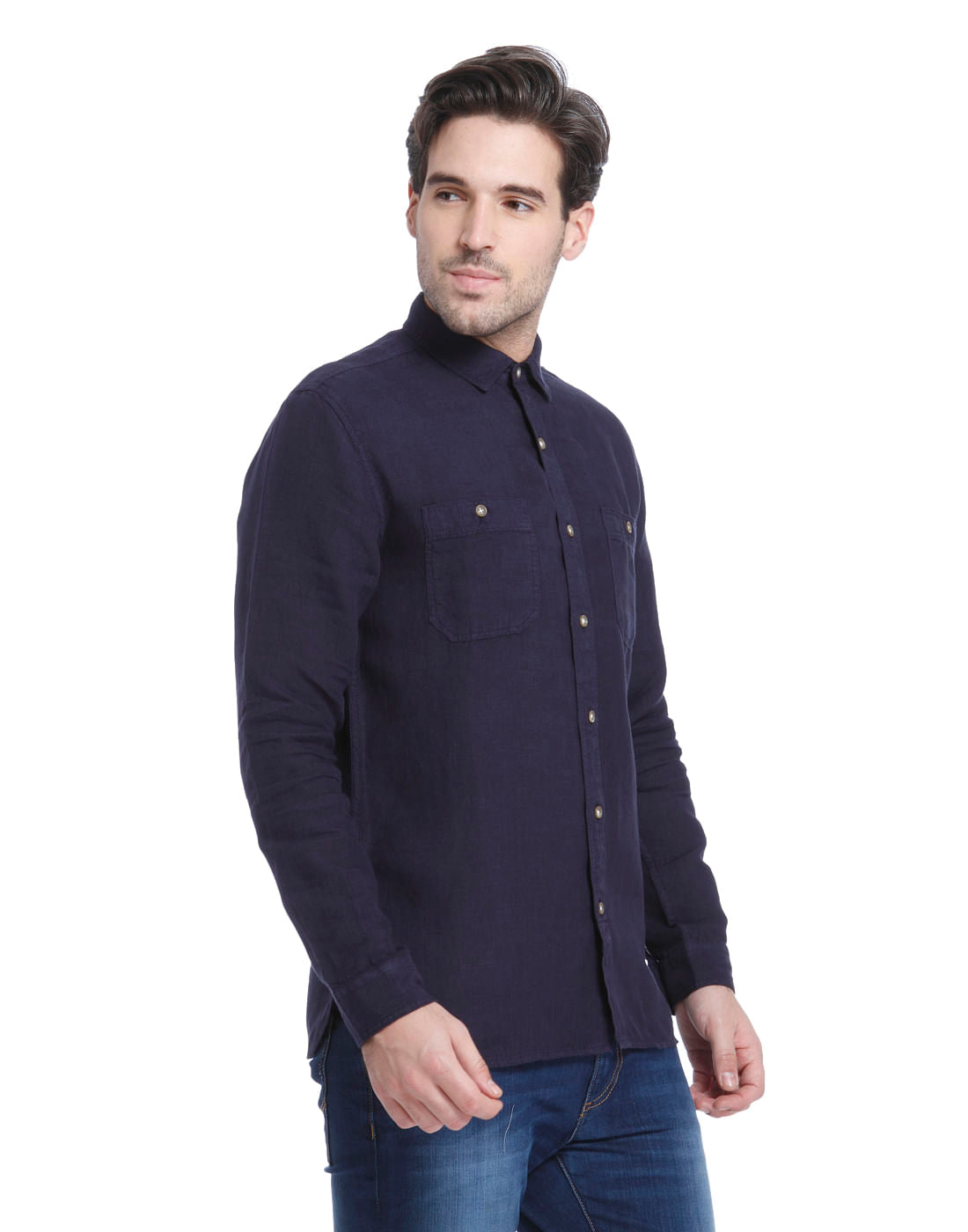 Dark Blue Linen Slim Fit Shirt