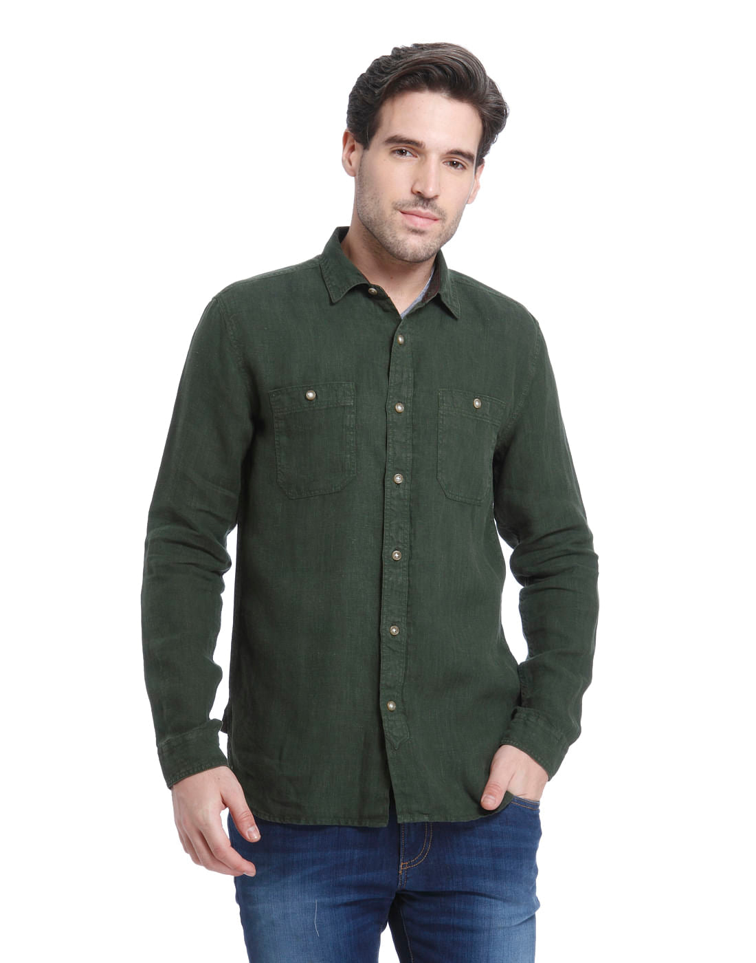 Forest Green Linen Slim Fit Shirt