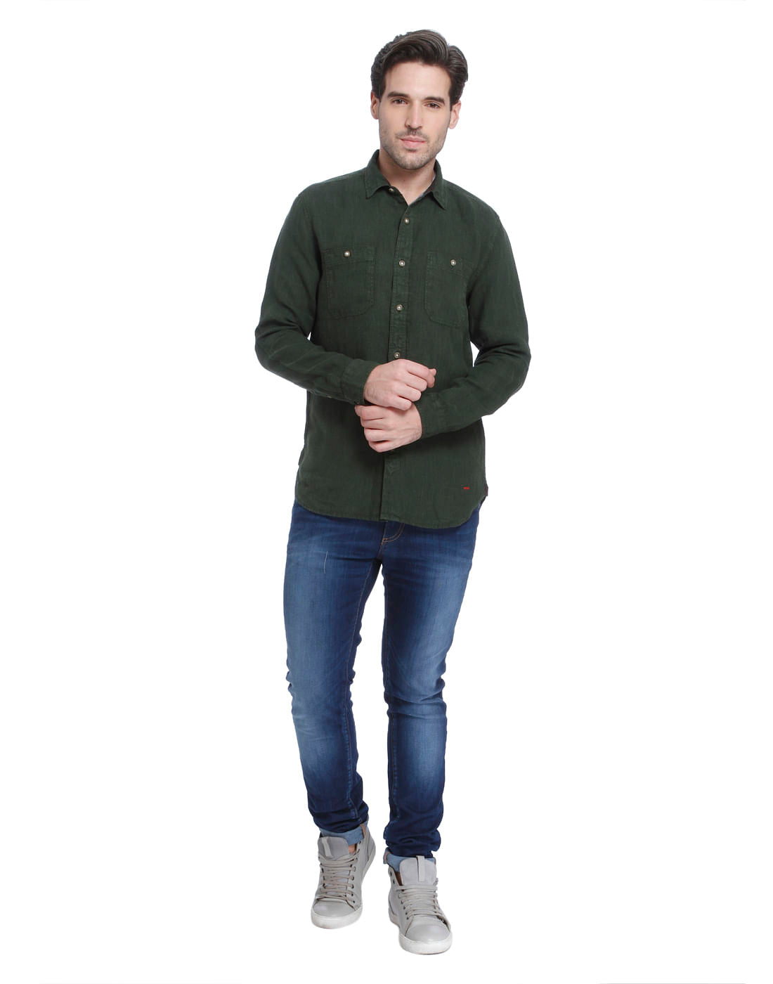 Forest Green Linen Slim Fit Shirt
